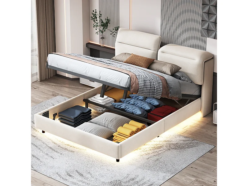 Cama de casal estofada 160 x 200 cm, LED, com cabeceira dobrável e estrado de ripas, veludo, Branco