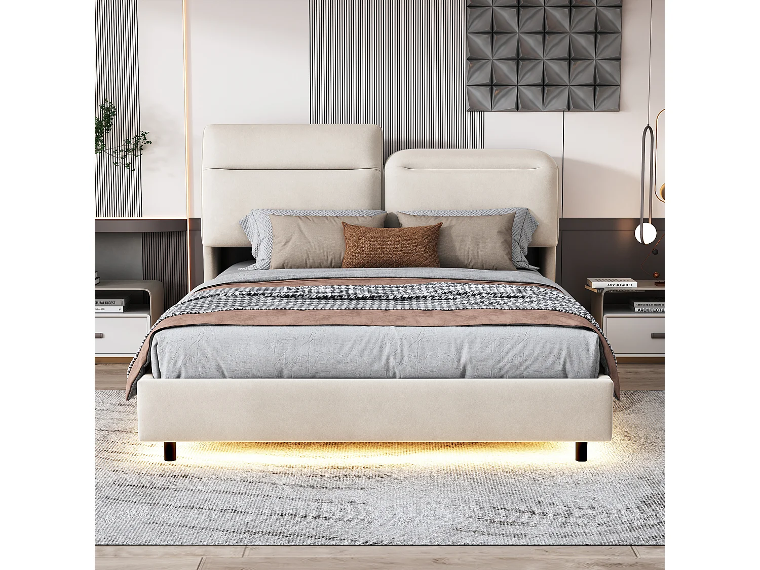 Lit double rembourré 160 x 200 cm, LED, avec tête de lit pliable et sommier à lattes, velours, Blanc