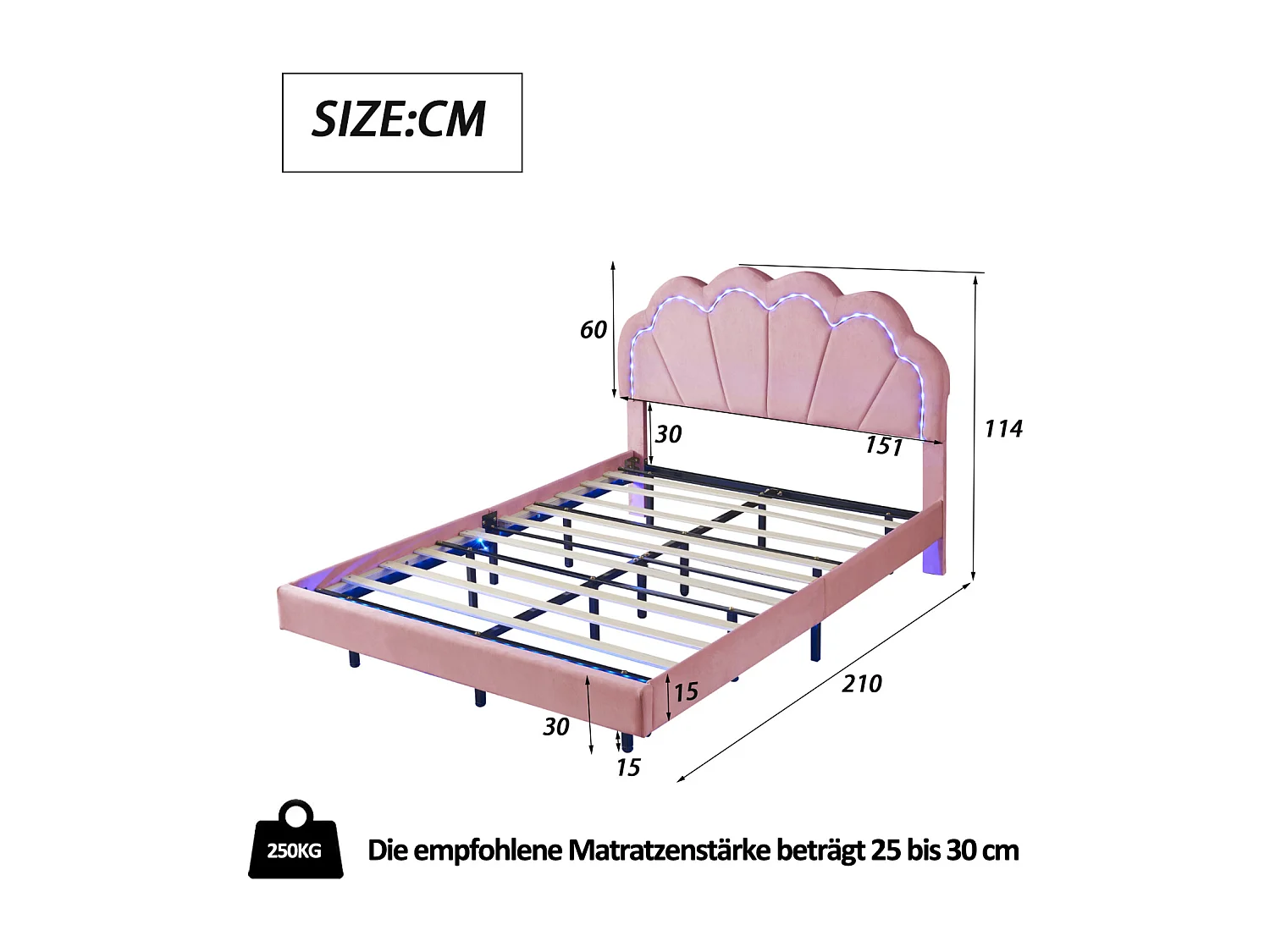 Cama de 140 x 200 cm, acolchada con luces LED y estructura flotante, en forma de nube, de terciopelo, color rosa