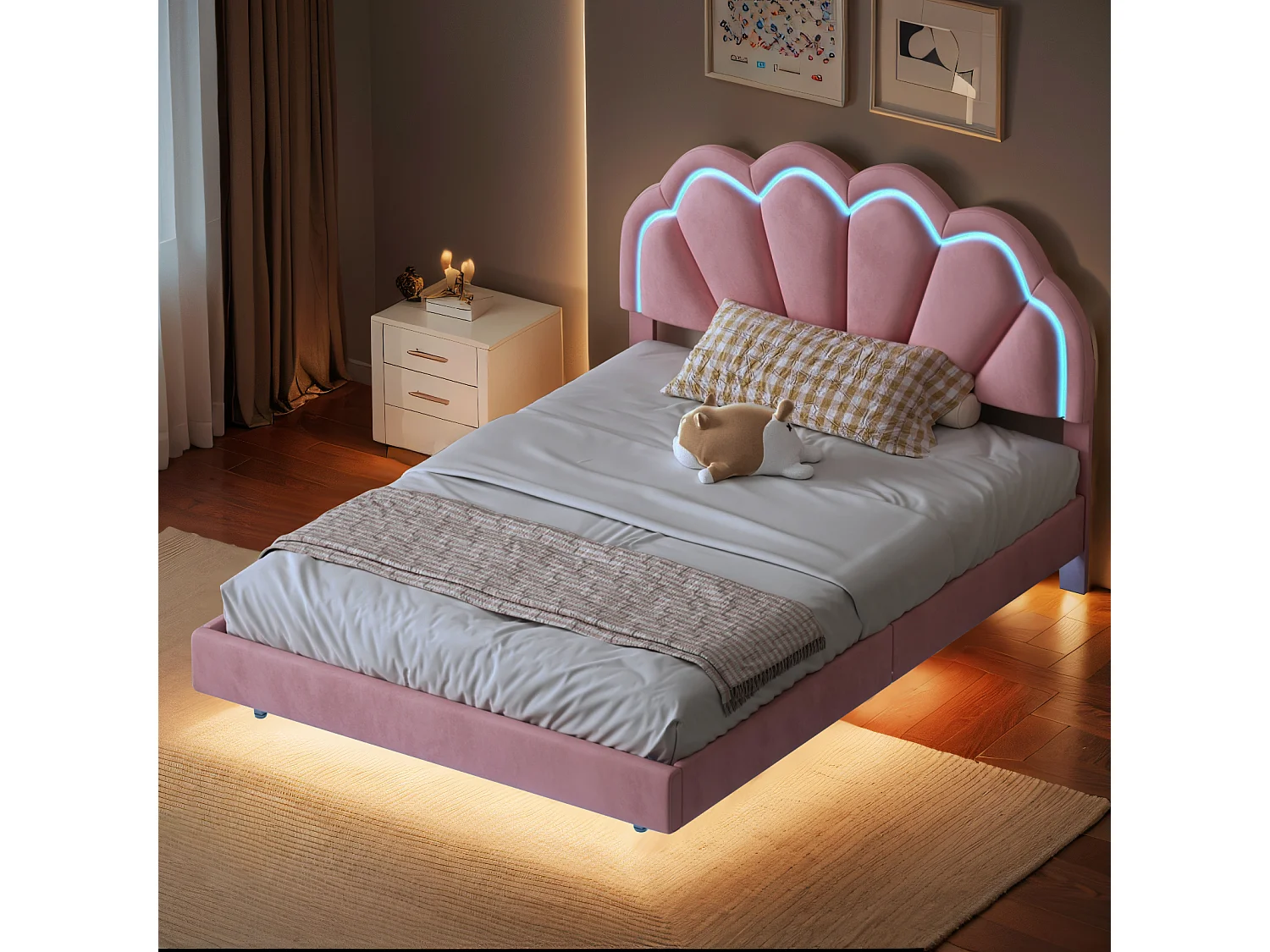 Cama de 140 x 200 cm, acolchada con luces LED y estructura flotante, en forma de nube, de terciopelo, color rosa