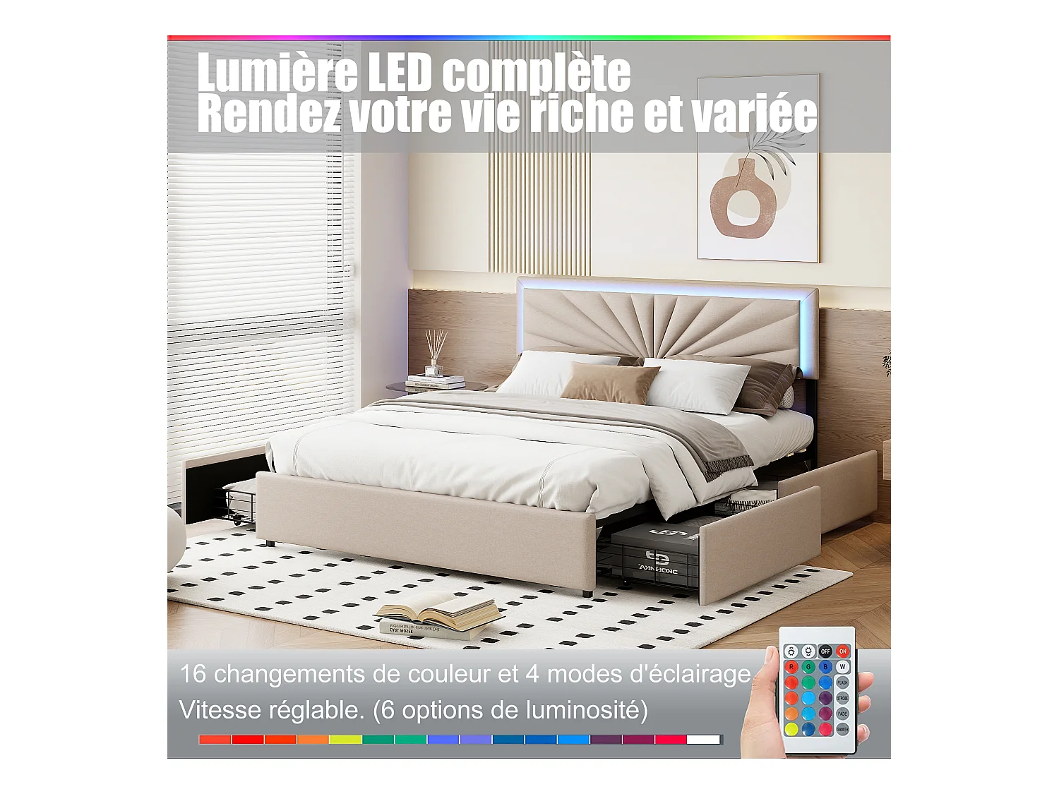 Tweepersoonsbed 140 x 200 cm met 4 lades, bedframe met led-verlichting en lattenbodem, linnen, beige