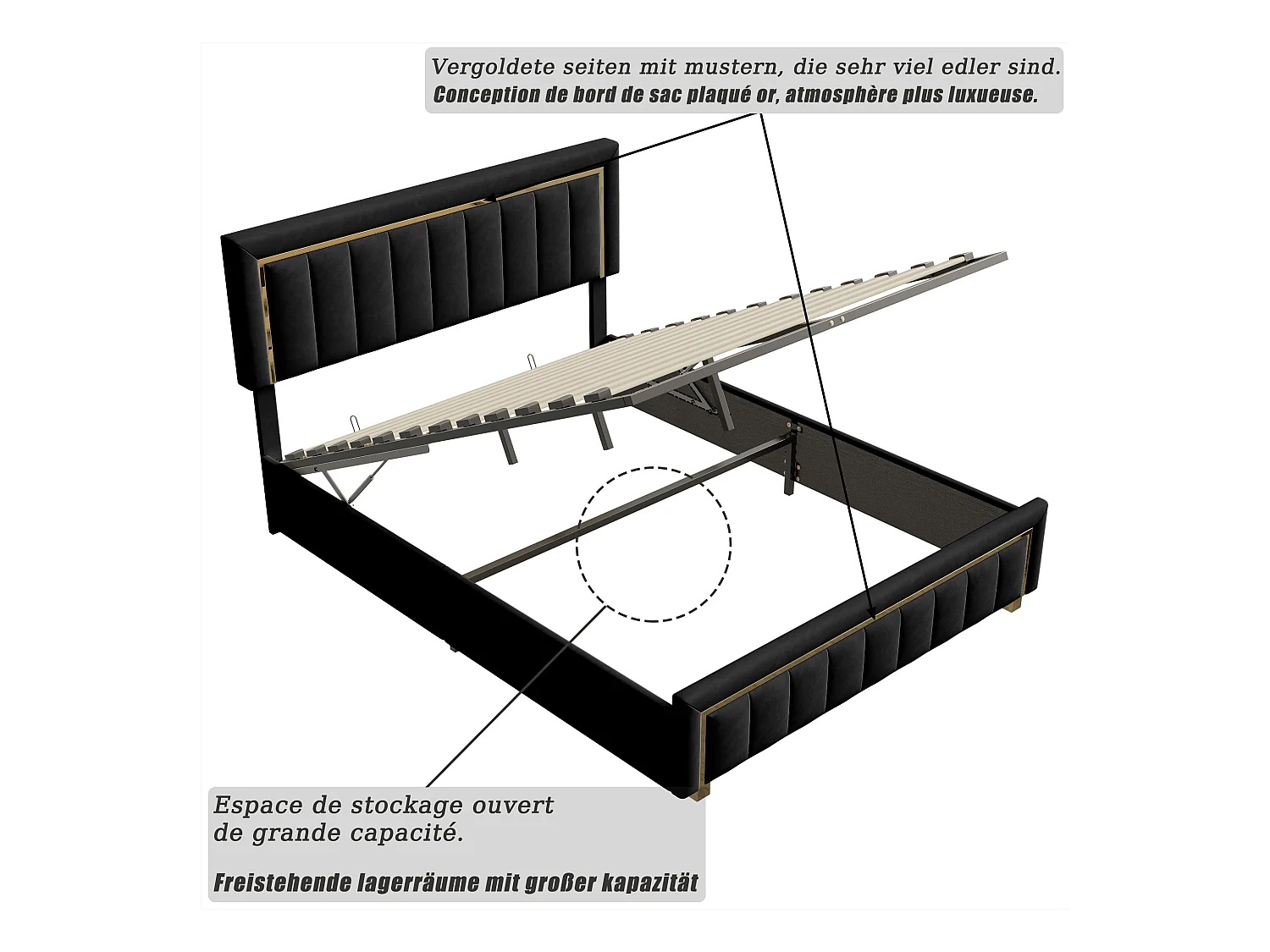 Gestoffeerd tweepersoonsbed, 160 x 200 cm, bedframe met hoofdbord en houten lattenbodem, zwart