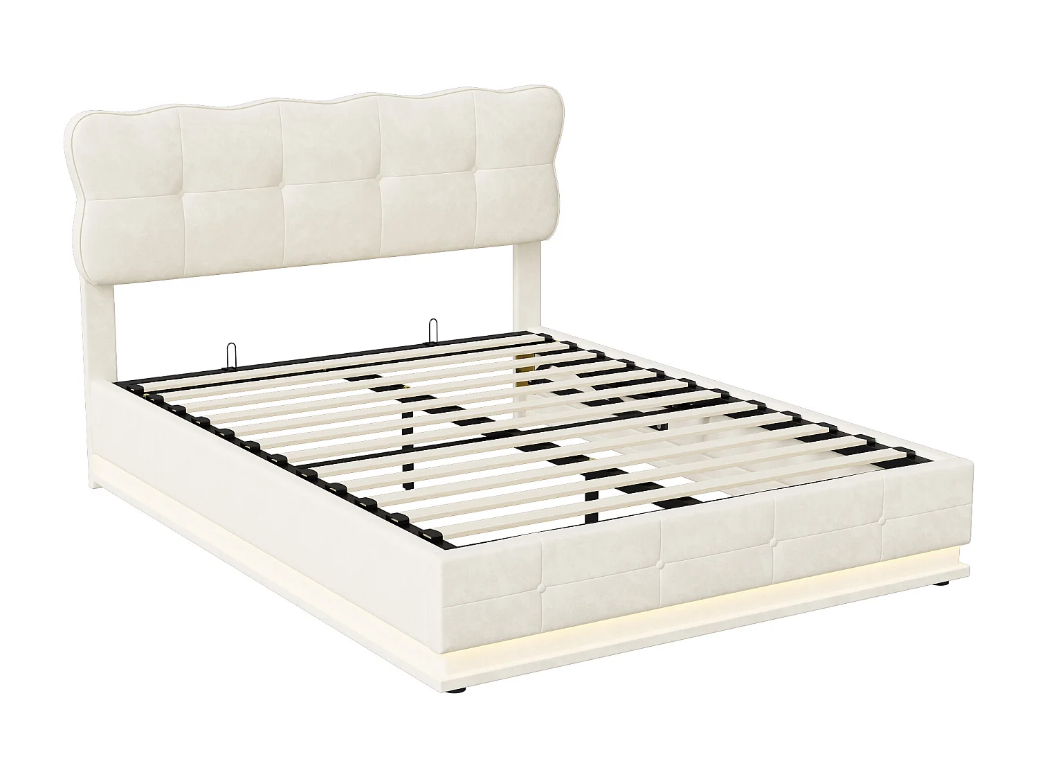 Letto contenitore 160x200 con LED e rete a doghe, letto matrimoniale con ampio contenitore, velluto, beige