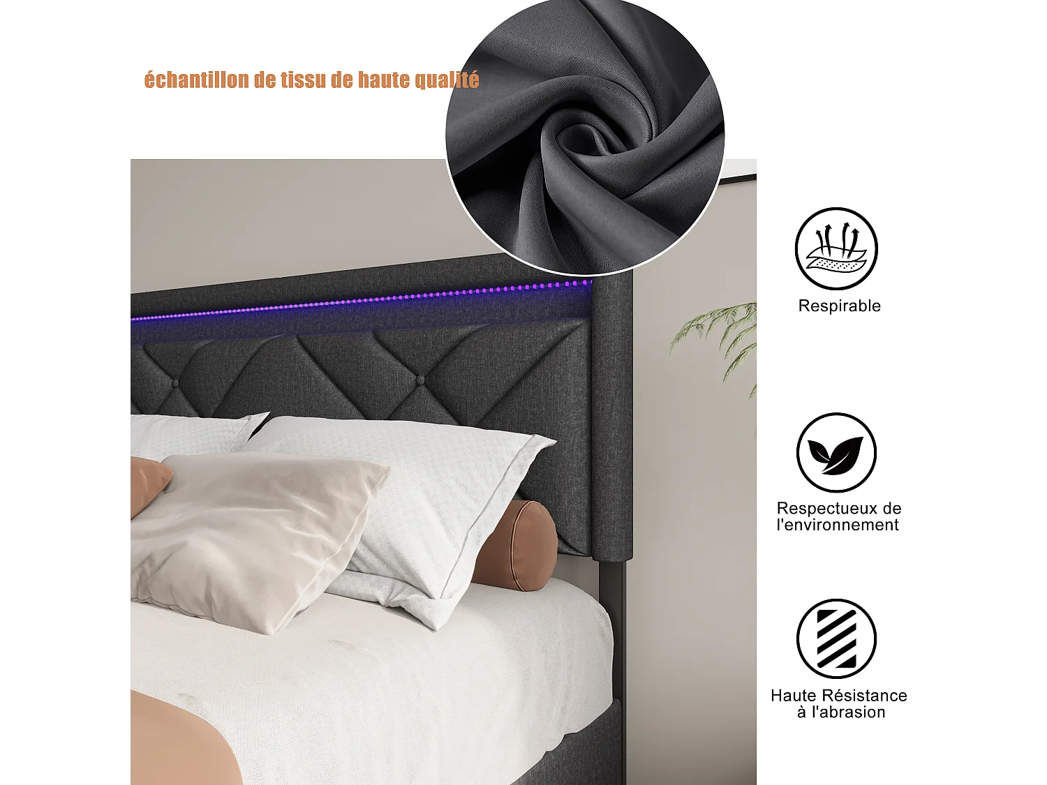Cama doble 140x200, Canapé con LED y USB, Cabecero ajustable tapizado, Lino, Gris