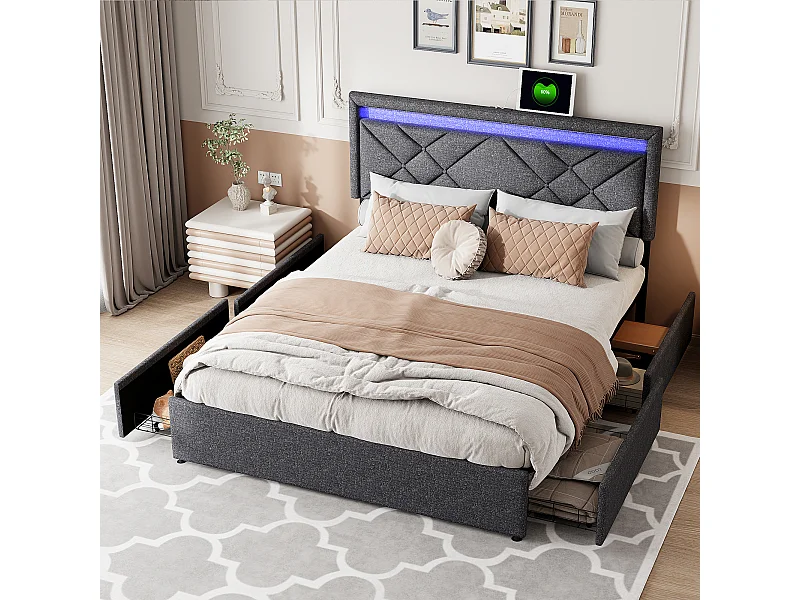 Tweepersoonsbed 140x200, opbergbed met LED en USB, verstelbaar gestoffeerd hoofdeinde, linnen, grijs