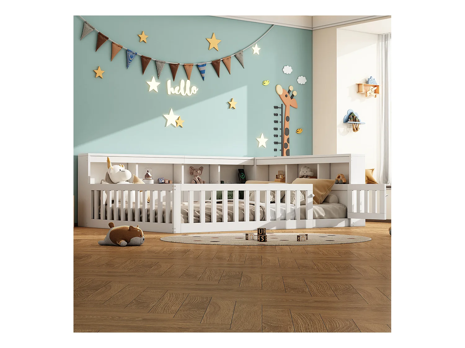 Lit double pour enfant - 140 x 200 cm - chevet avec rangements + prise + USB - avec sommier à lattes - aggloméré - blanc
