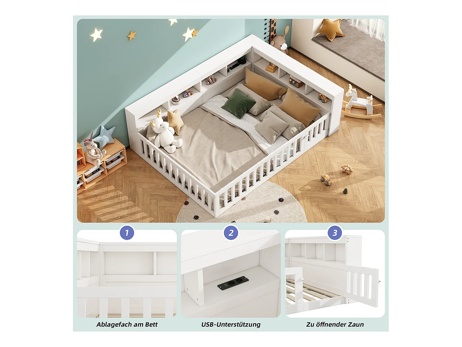 Lit double pour enfant - 140 x 200 cm - chevet avec rangements + prise + USB - avec sommier à lattes - aggloméré - blanc