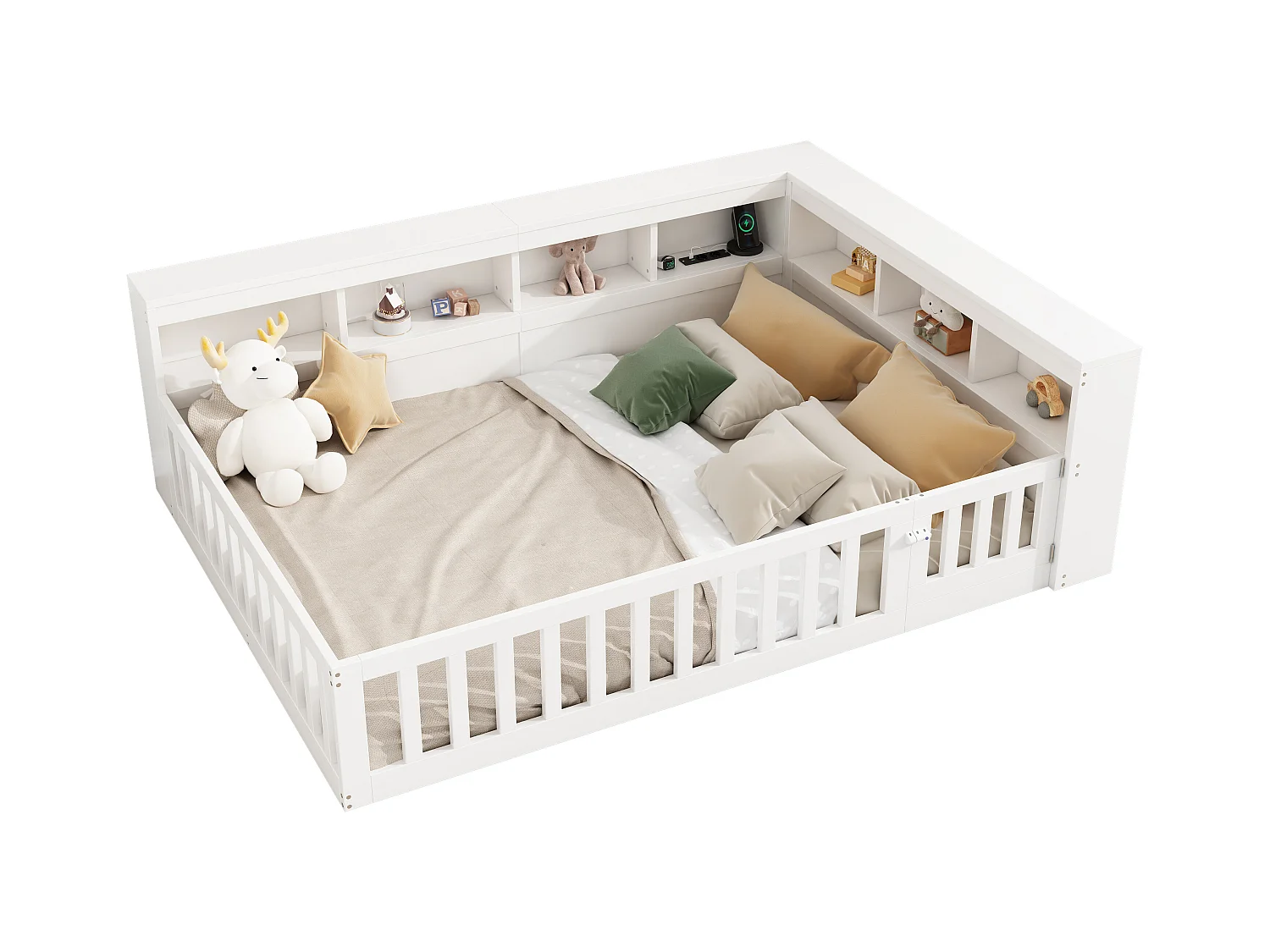 Lit double pour enfant - 140 x 200 cm - chevet avec rangements + prise + USB - avec sommier à lattes - aggloméré - blanc
