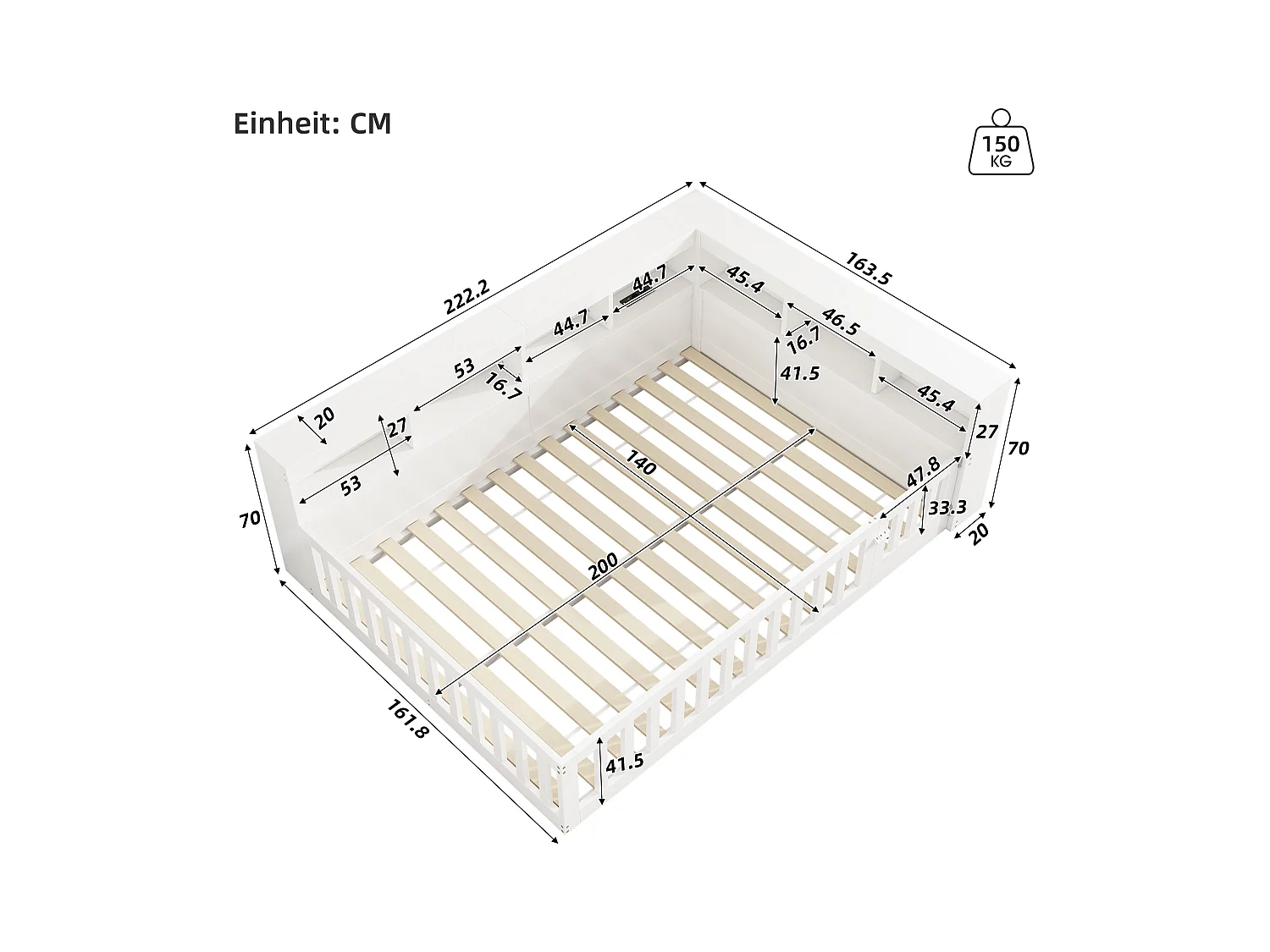 Lit double pour enfant - 140 x 200 cm - chevet avec rangements + prise + USB - avec sommier à lattes - aggloméré - blanc