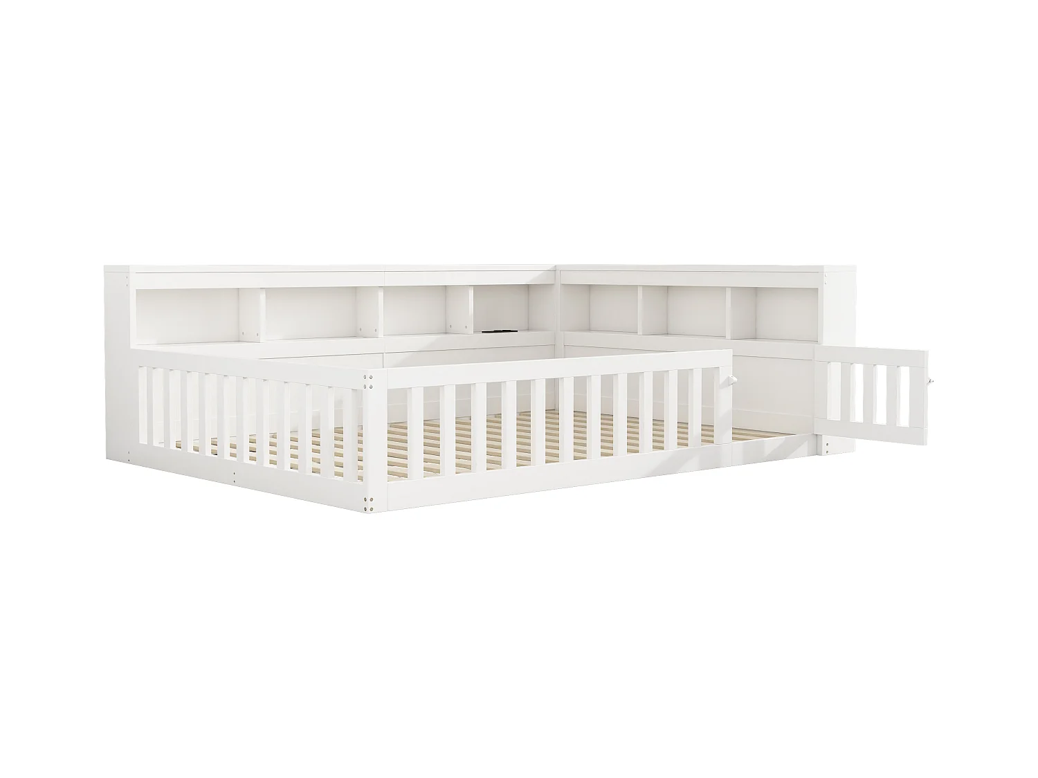 Lit double pour enfant - 140 x 200 cm - chevet avec rangements + prise + USB - avec sommier à lattes - aggloméré - blanc