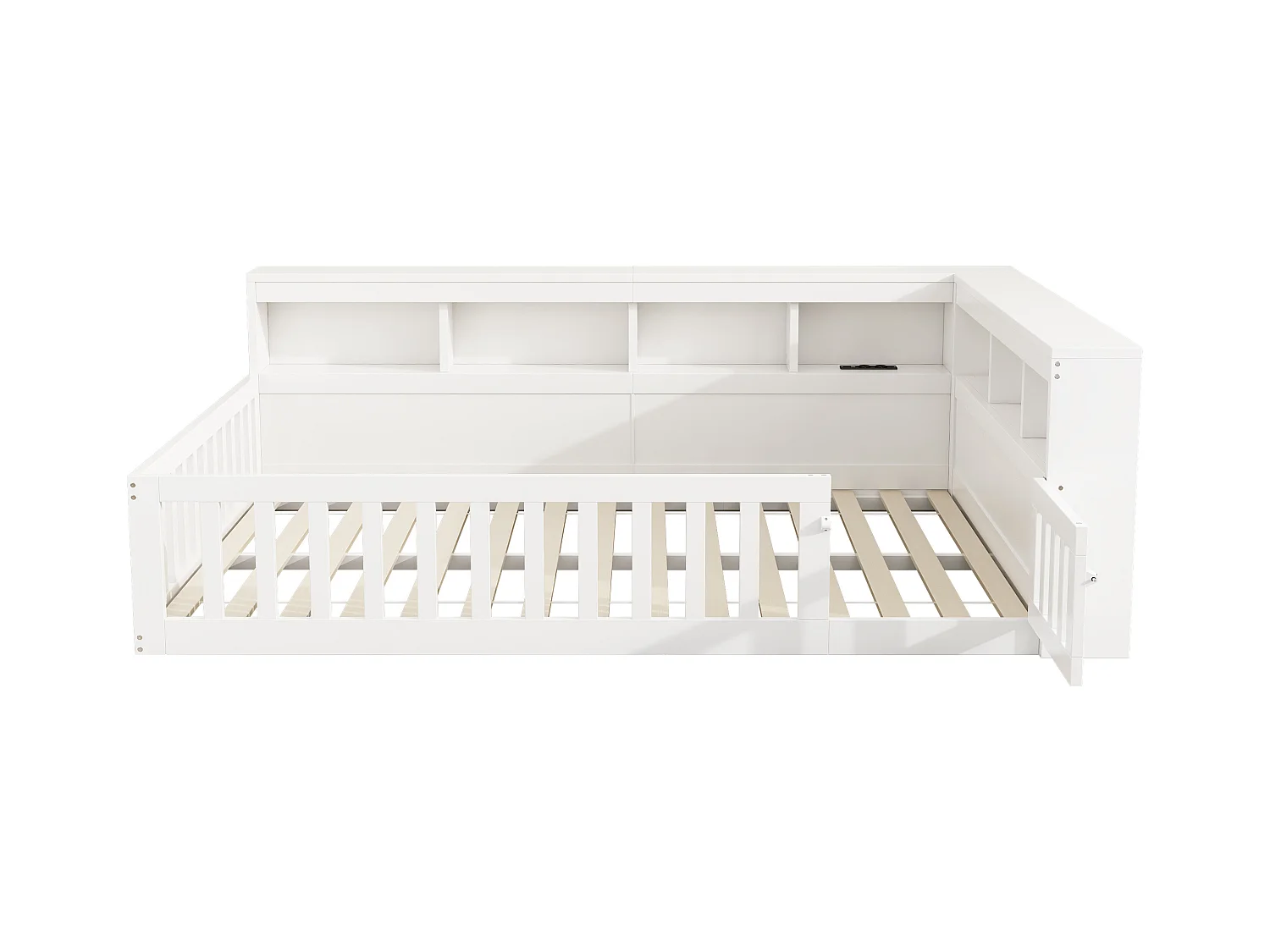 Lit double pour enfant - 140 x 200 cm - chevet avec rangements + prise + USB - avec sommier à lattes - aggloméré - blanc