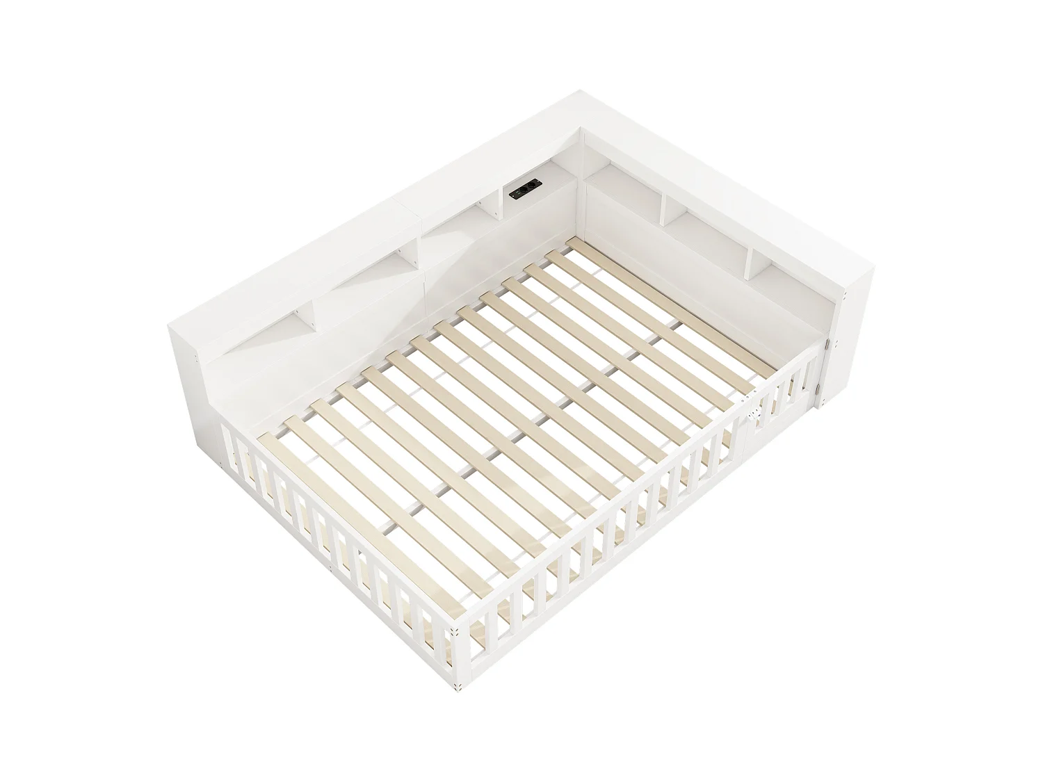 Lit double pour enfant - 140 x 200 cm - chevet avec rangements + prise + USB - avec sommier à lattes - aggloméré - blanc