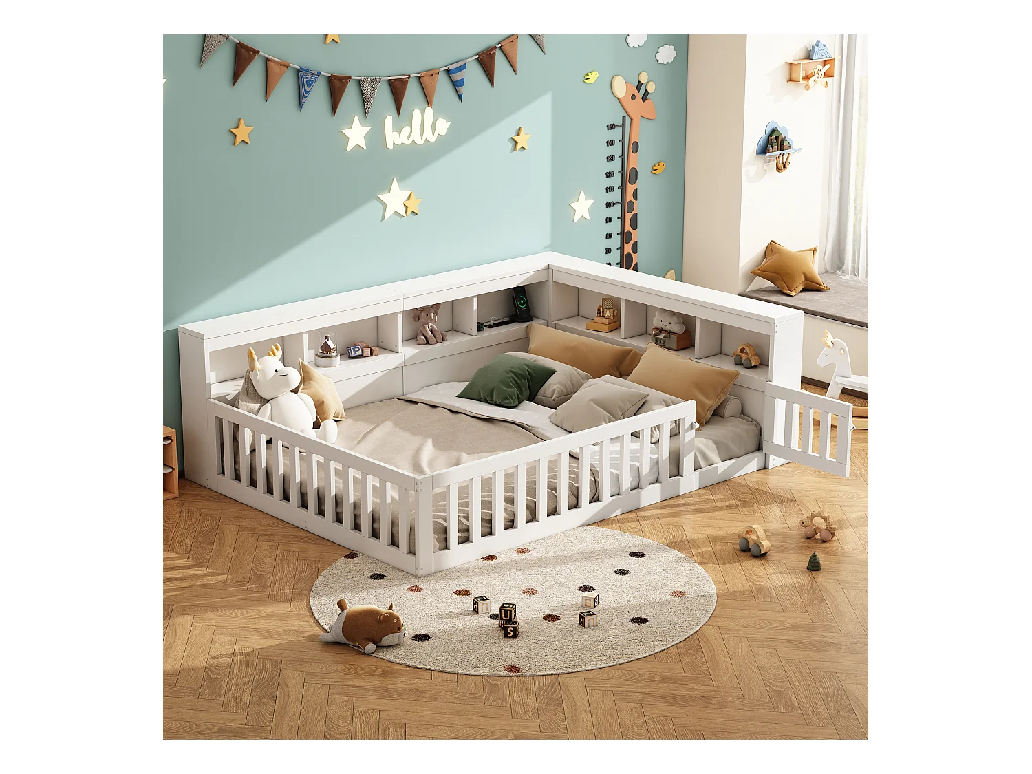 Kinder tweepersoonsbed - 140 x 200 cm - nachtkastje met opbergruimte + stopcontact + USB - met lattenbodem - spaanplaat - wit