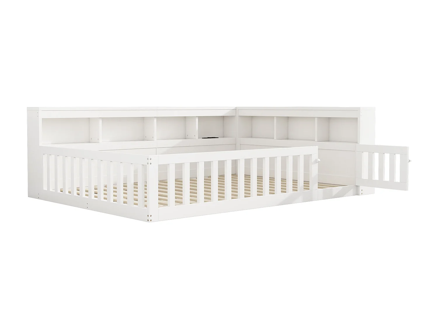 Cama doble infantil - 140 x 200 cm - mesita de noche con espacio de almacenaje + enchufe + USB - con somier - aglomerado - blanco