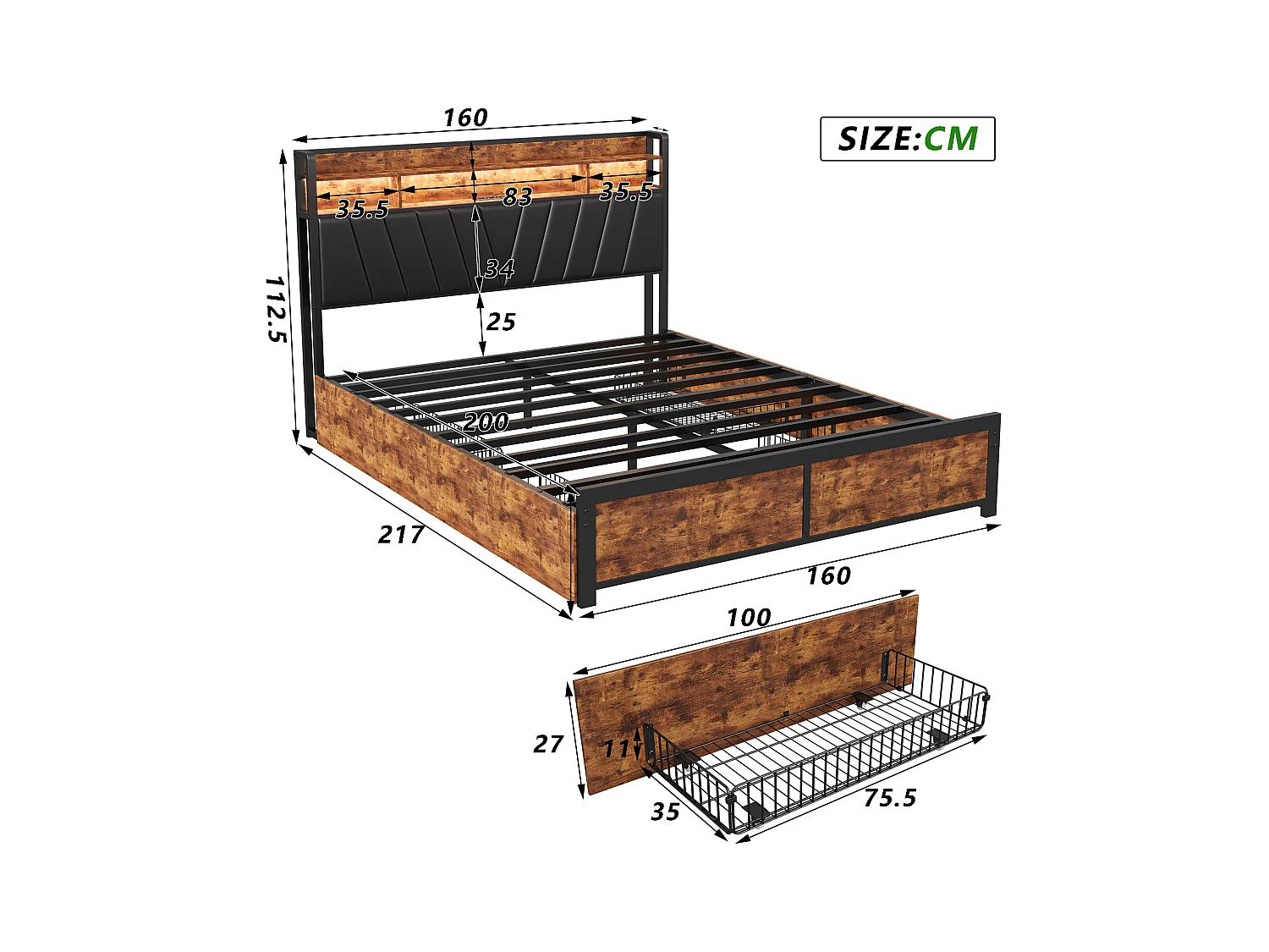 Lit double en métal 160x200 cm, avec LED et USB, Lit capitonné avec sommier à lattes, PU, Noir