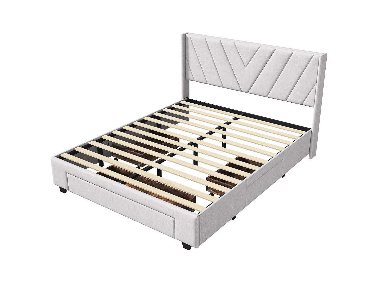 Bed 160 x 200 cm met LED en lades, tweepersoonsbed met opbergruimte en lattenbodem, Beige