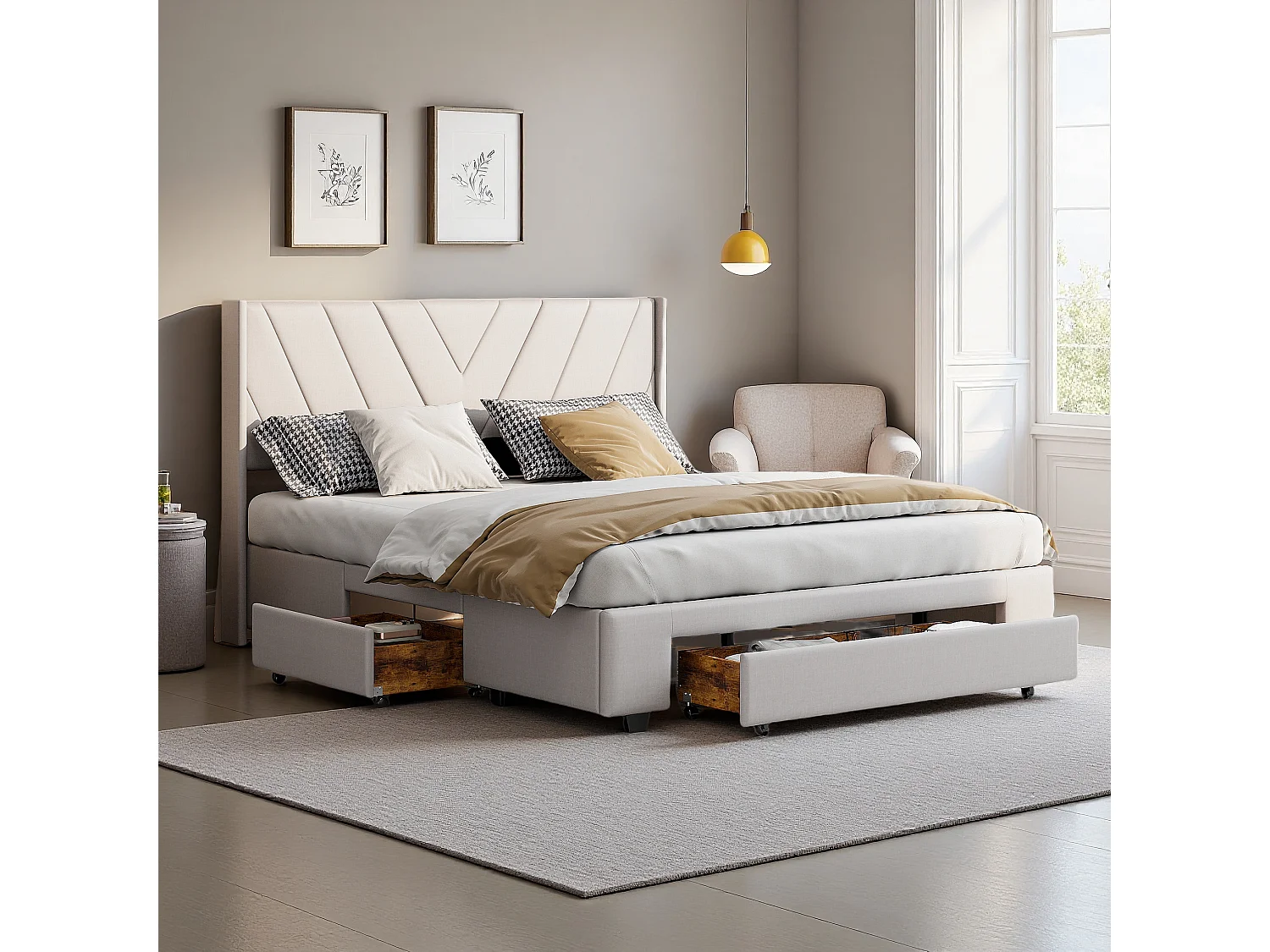 Tweepersoonsbed 160x200 cm met 3 massief houten lades, bed voor volwassenen met lattenbodem, gestoffeerd bed met opbergruimte, linnen, beige