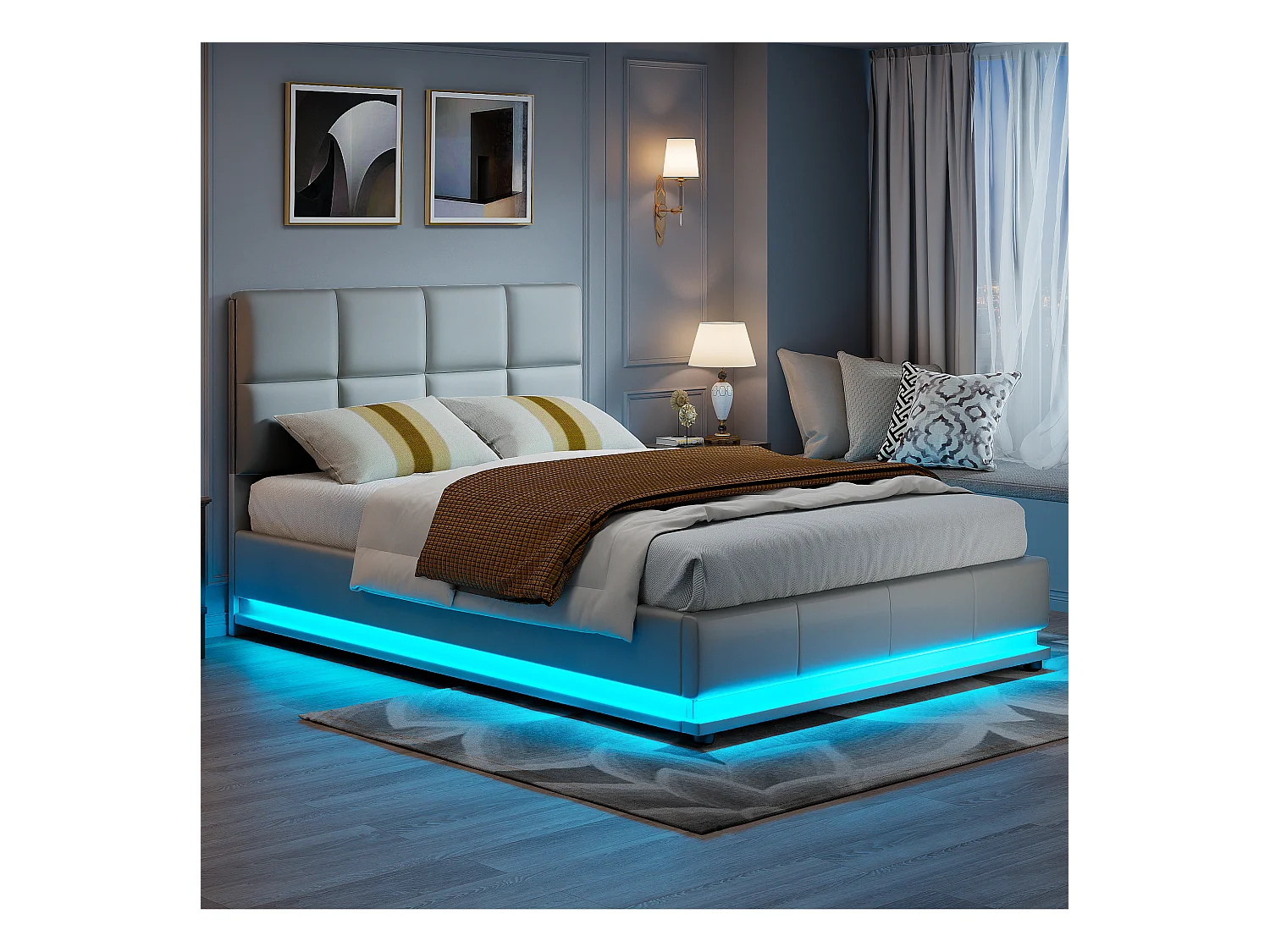 Cama doble tapizada 140x200 cm con iluminación LED, CAMA con somier y almacenaje, PU, Gris