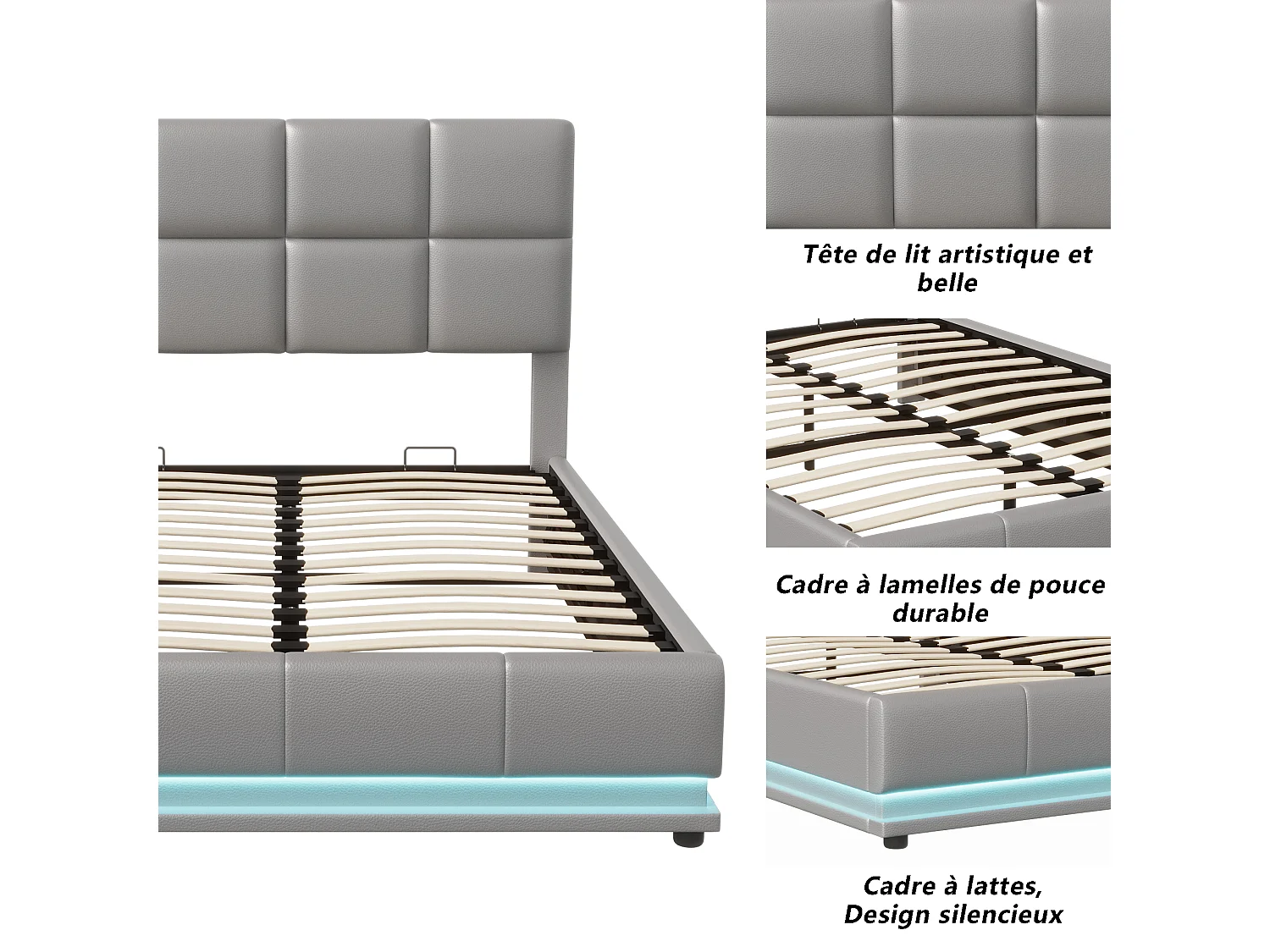 Cama de casal estofada 140x200 cm com iluminação LED, CAMA com estrado de ripas e arrumação, PU, Cinzento