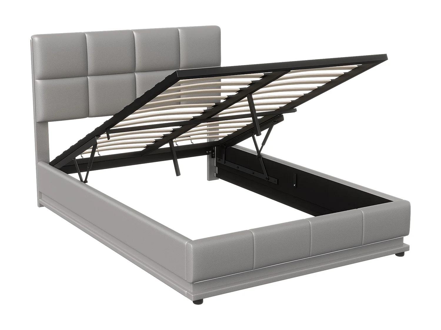 Cama de casal estofada 140x200 cm com iluminação LED, CAMA com estrado de ripas e arrumação, PU, Cinzento