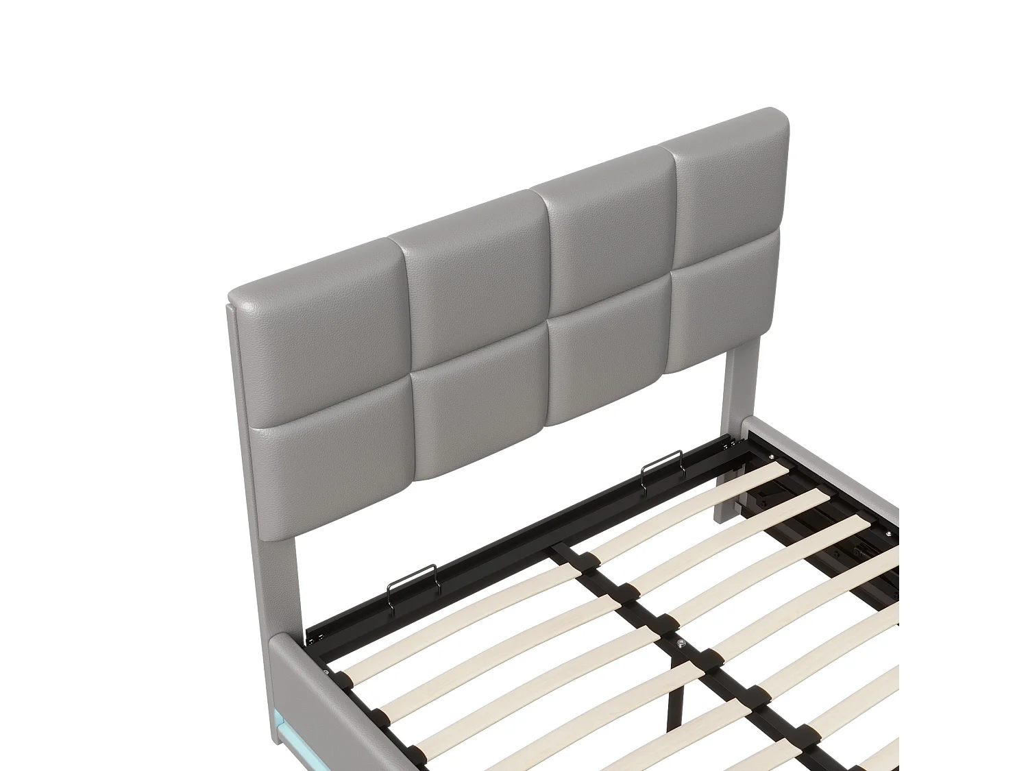 Cama de casal estofada 140x200 cm com iluminação LED, CAMA com estrado de ripas e arrumação, PU, Cinzento