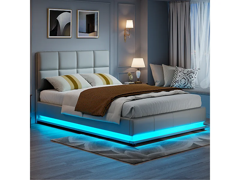Gestoffeerd tweepersoonsbed 140x200 cm met ledverlichting, bed met lattenbodem en opbergruimte, PU, grijs