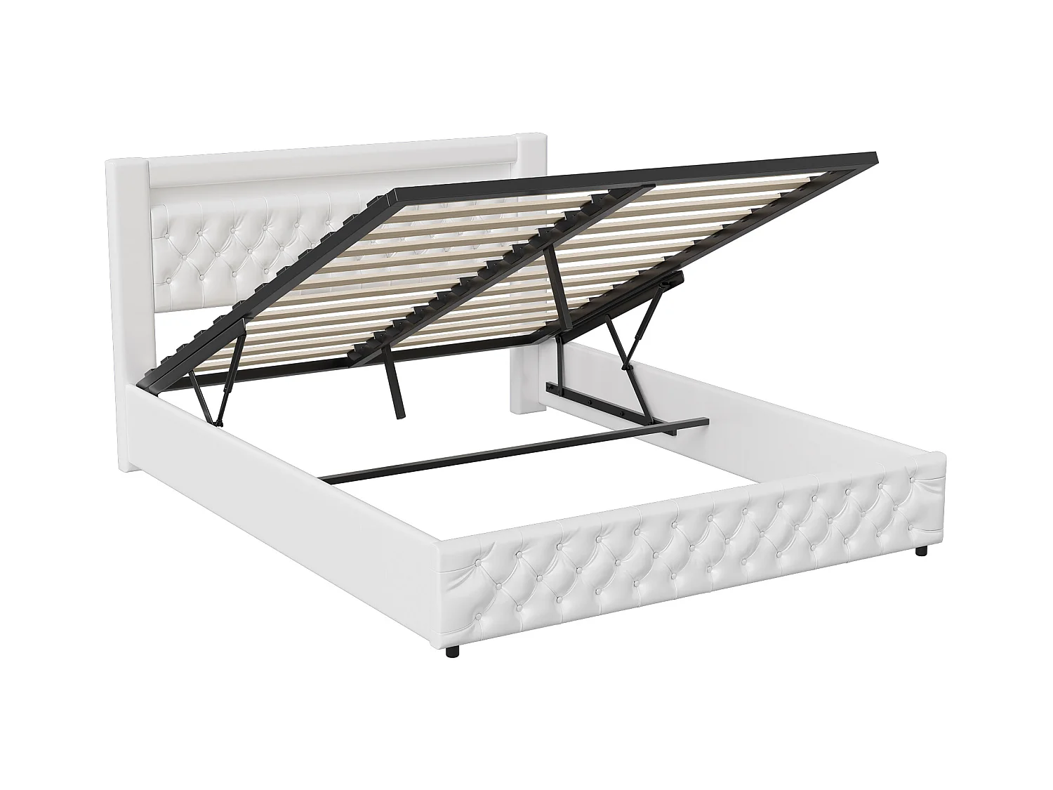 Lit capitonné moderne 180 x 200 cm avec rangement hydraulique,tête de lit avec LED, PU, blanc