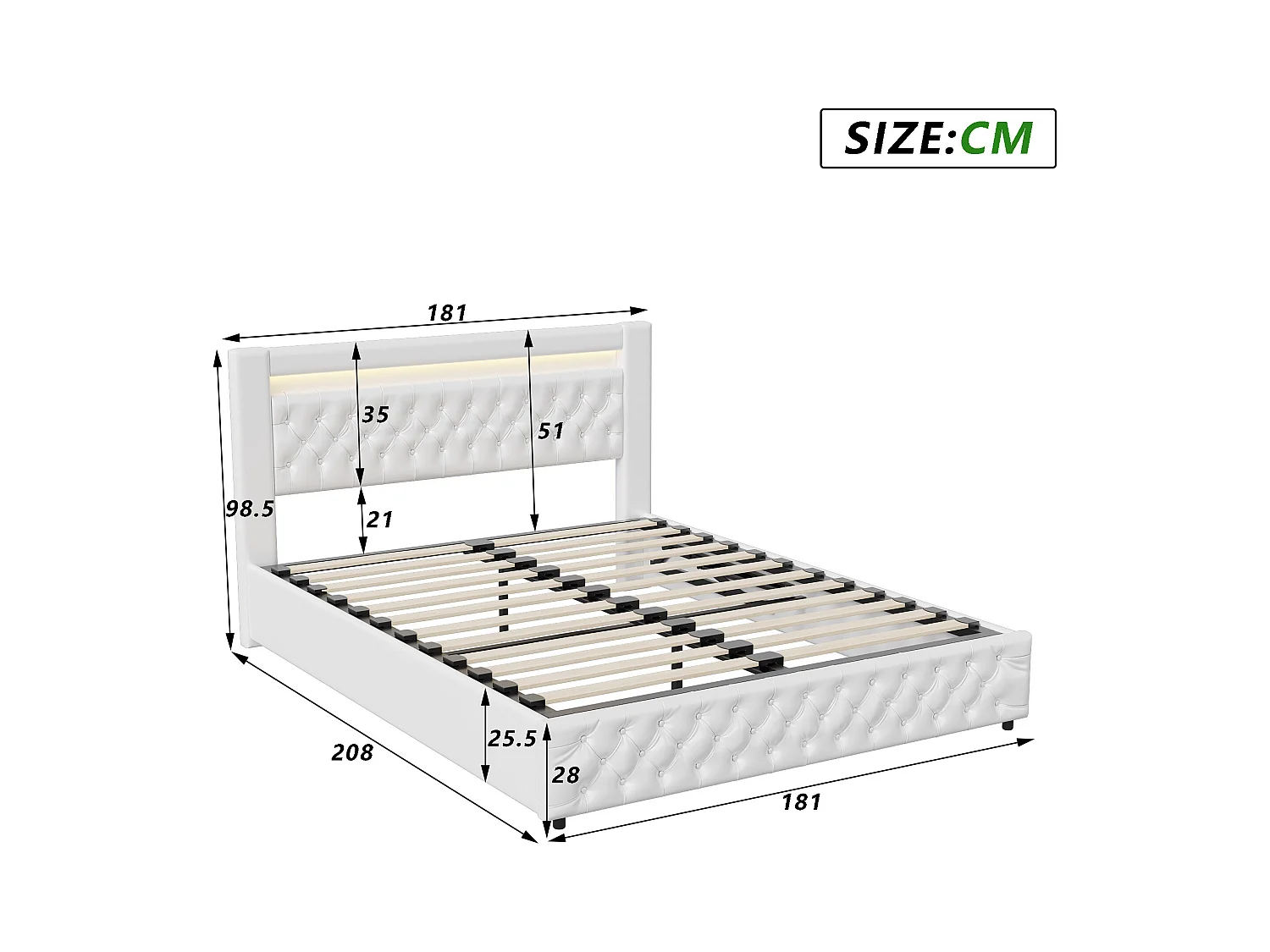 Cama estofada moderna 180 x 200 cm com armazenamento hidráulico, cabeceira com LED, PU, branco