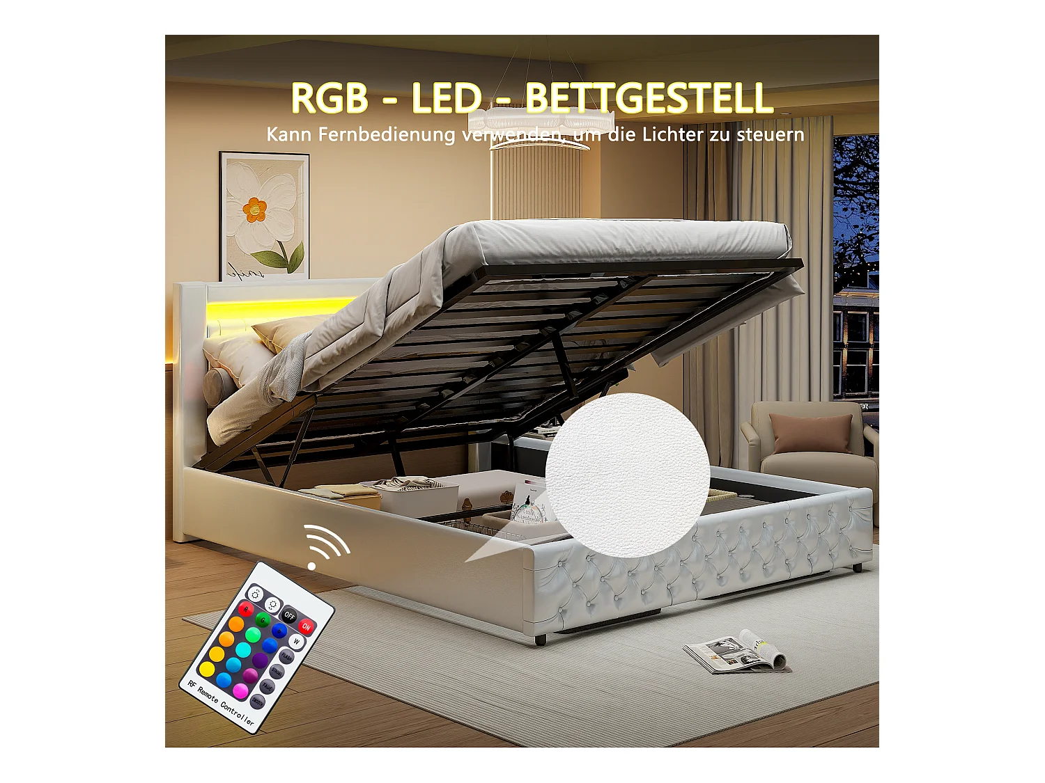 Cama estofada moderna 180 x 200 cm com armazenamento hidráulico, cabeceira com LED, PU, branco