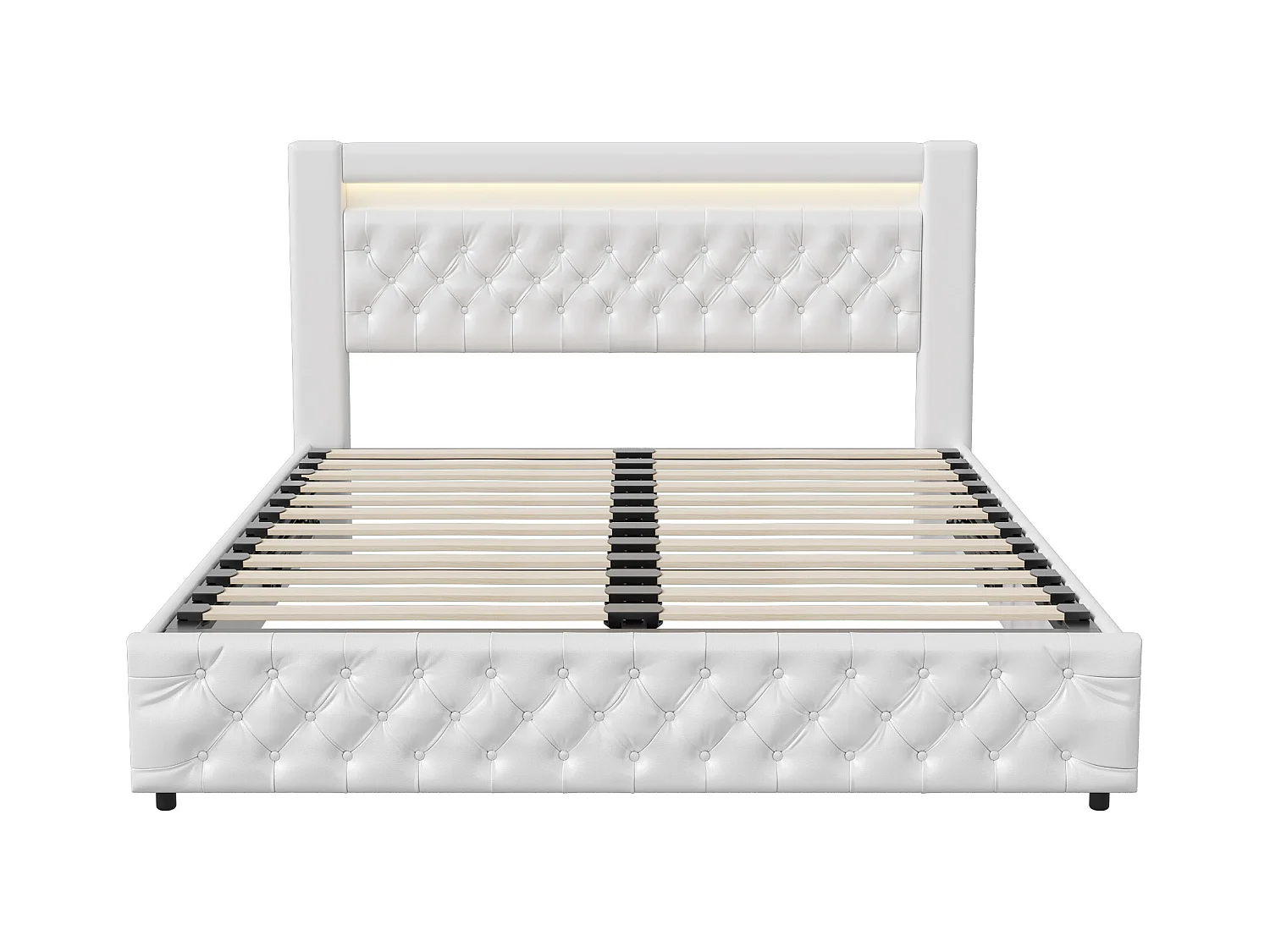 Cama estofada moderna 180 x 200 cm com armazenamento hidráulico, cabeceira com LED, PU, branco
