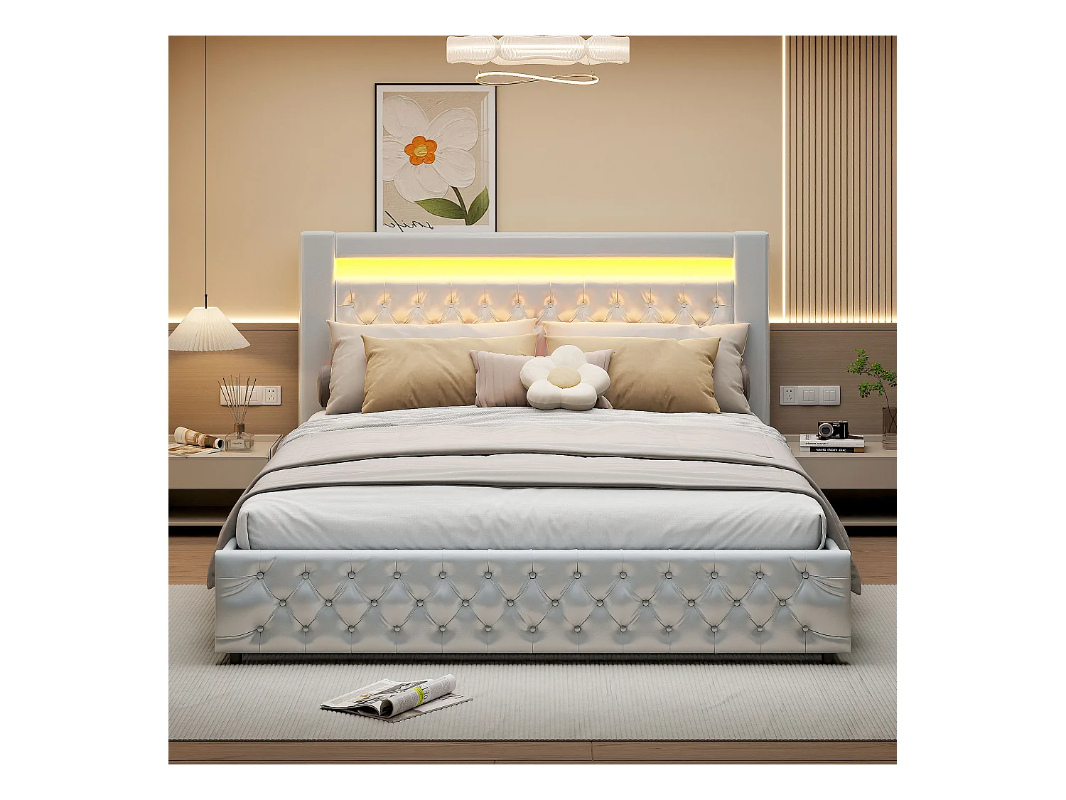 Cama estofada moderna 180 x 200 cm com armazenamento hidráulico, cabeceira com LED, PU, branco