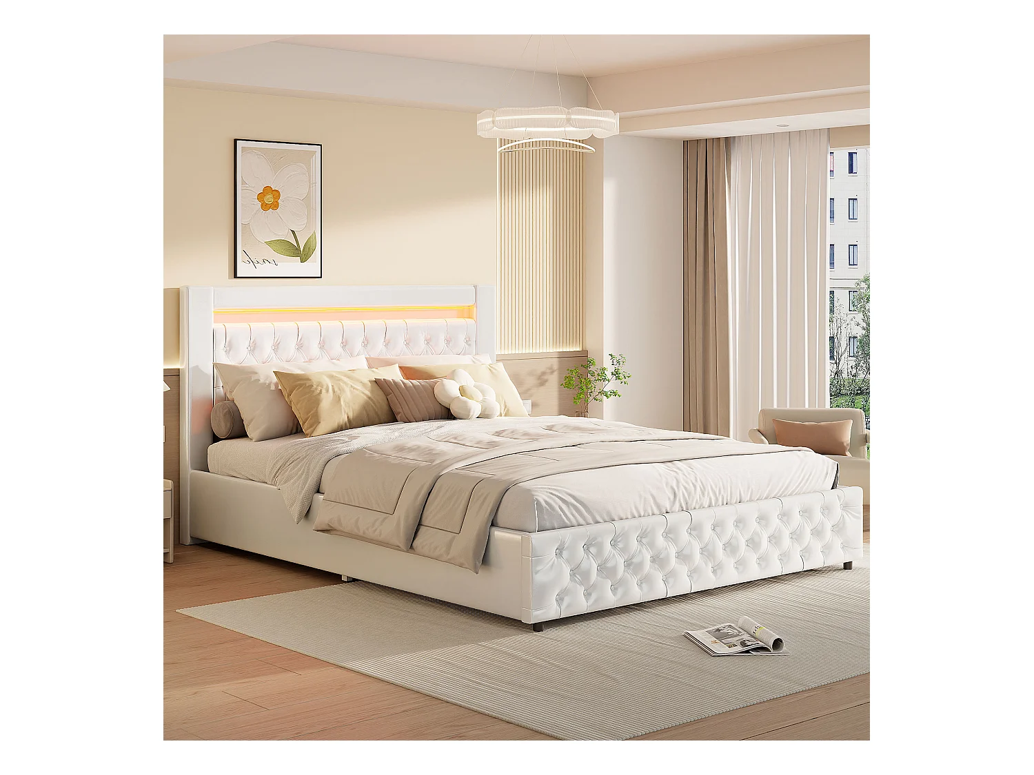 Cama estofada moderna 180 x 200 cm com armazenamento hidráulico, cabeceira com LED, PU, branco