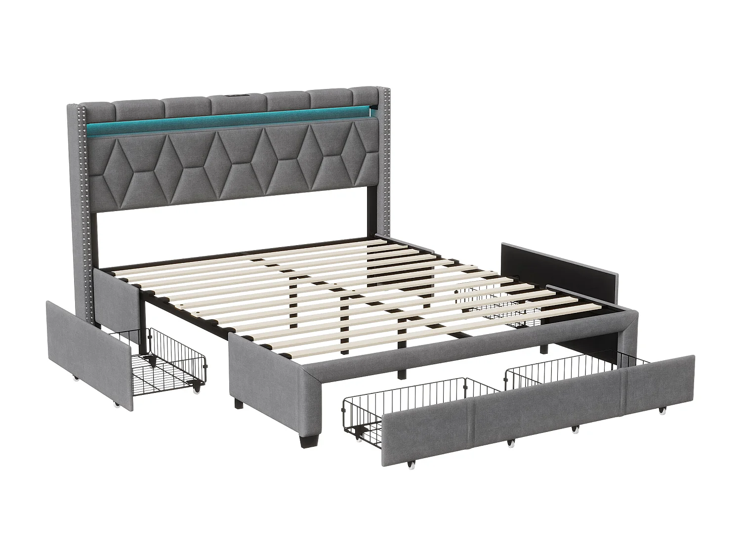 Letto contenitore 140x200, letto matrimoniale con LED, letto imbottito con 4 cassetti contenitore, lino, grigio