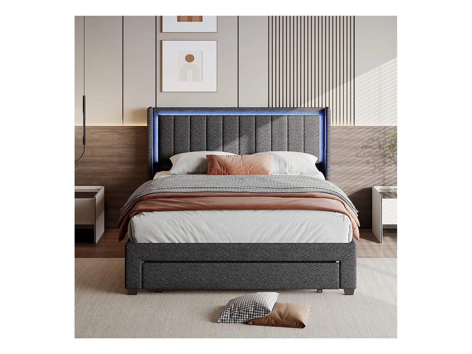 Cama de casal 140 x 200 cm, com LED e USB, gaveta de cama com gavetas, estrado de ripas, cinza escuro