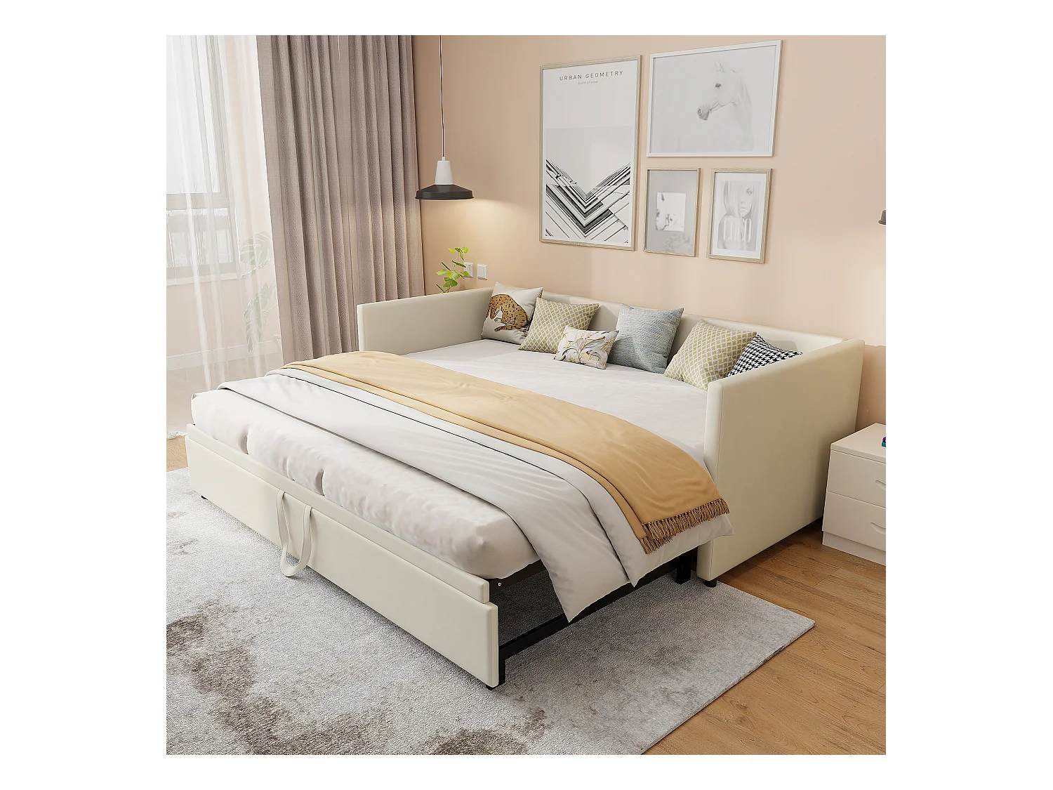 Canapé-lit 90/180 x 200 cm, lit de jour extensible avec sommier à lattes, canapé 2 places, beige