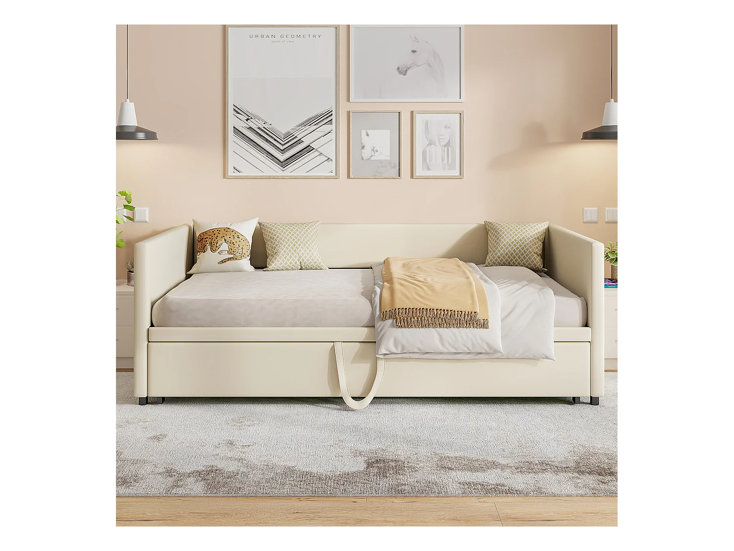 Canapé-lit 90/180 x 200 cm, lit de jour extensible avec sommier à lattes, canapé 2 places, beige