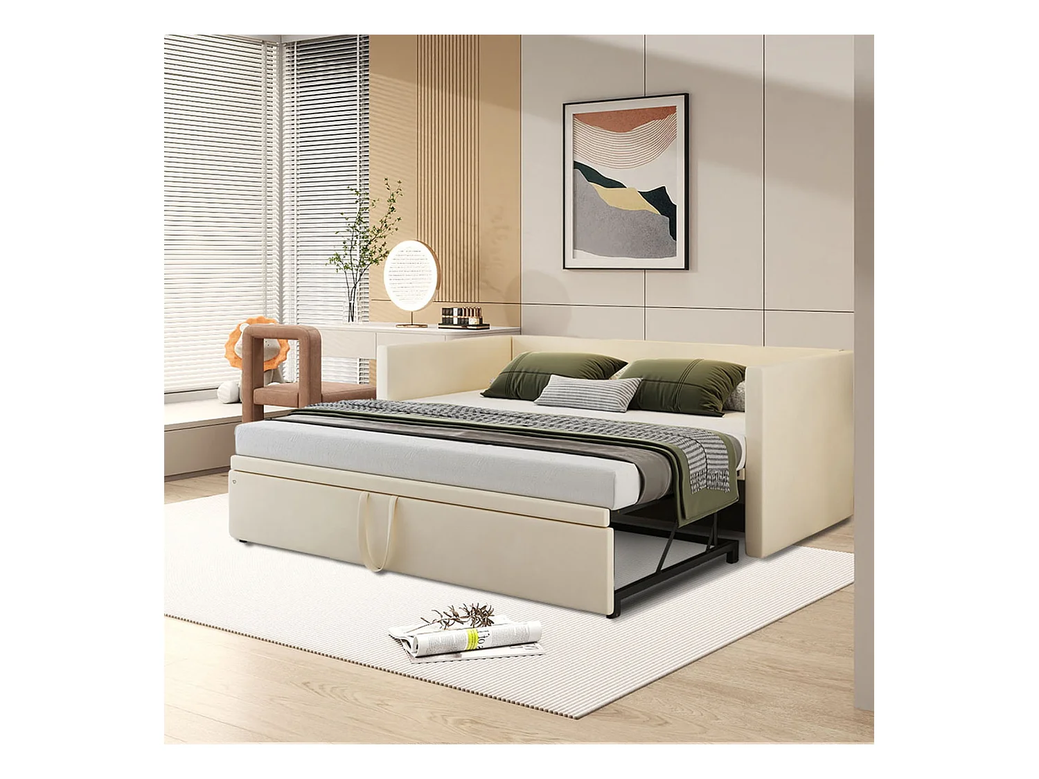 Canapé-lit 90/180 x 200 cm, lit de jour extensible avec sommier à lattes, canapé 2 places, beige