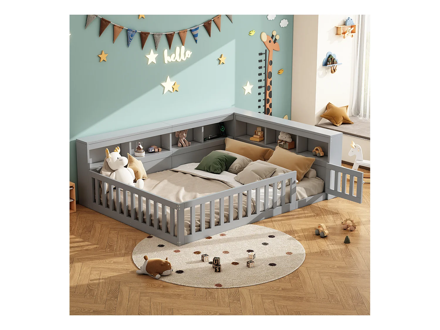 Lit double pour enfant - 140 x 200 cm - chevet avec rangements + prise + USB - avec sommier à lattes - aggloméré - gris
