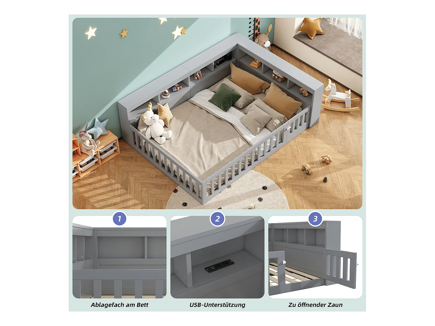 Lit double pour enfant - 140 x 200 cm - chevet avec rangements + prise + USB - avec sommier à lattes - aggloméré - gris