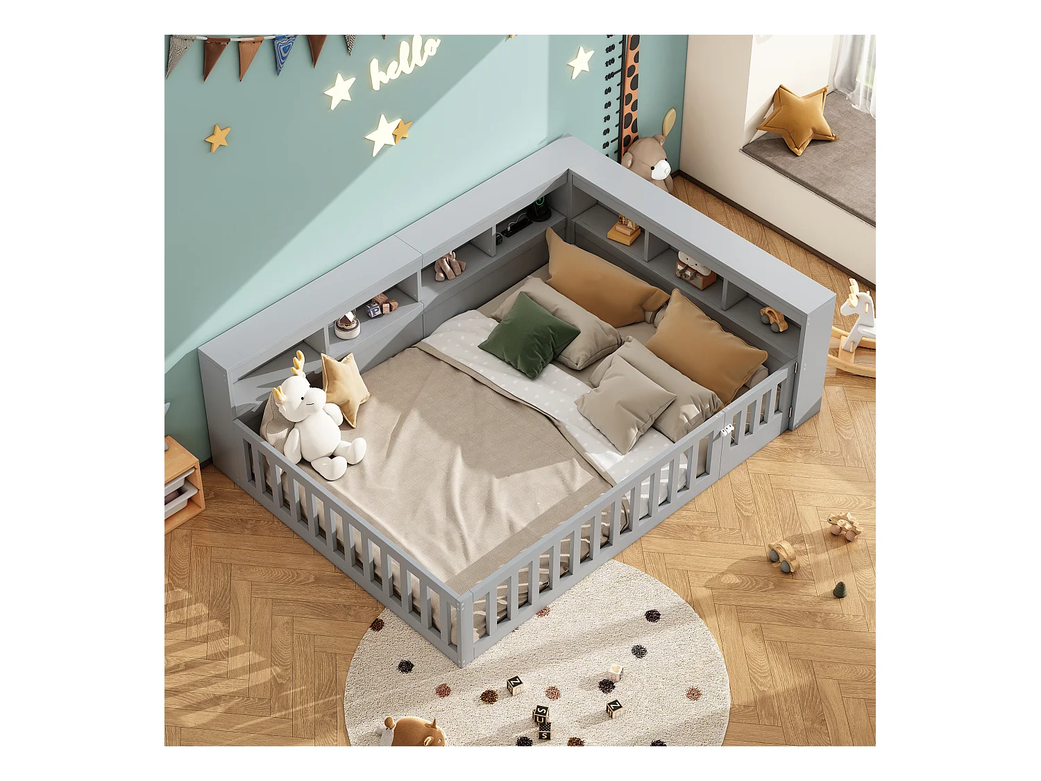 Lit double pour enfant - 140 x 200 cm - chevet avec rangements + prise + USB - avec sommier à lattes - aggloméré - gris