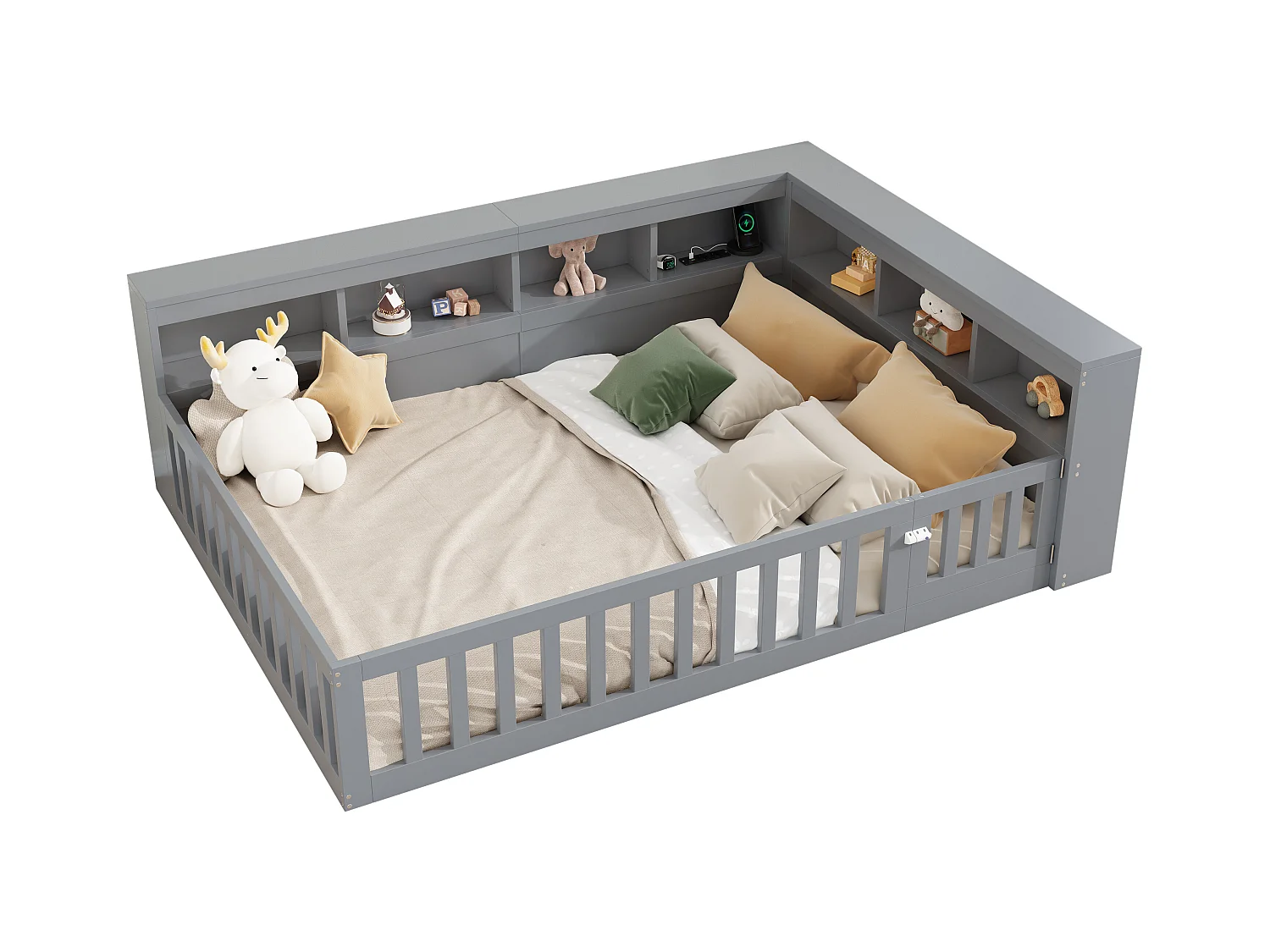 Lit double pour enfant - 140 x 200 cm - chevet avec rangements + prise + USB - avec sommier à lattes - aggloméré - gris