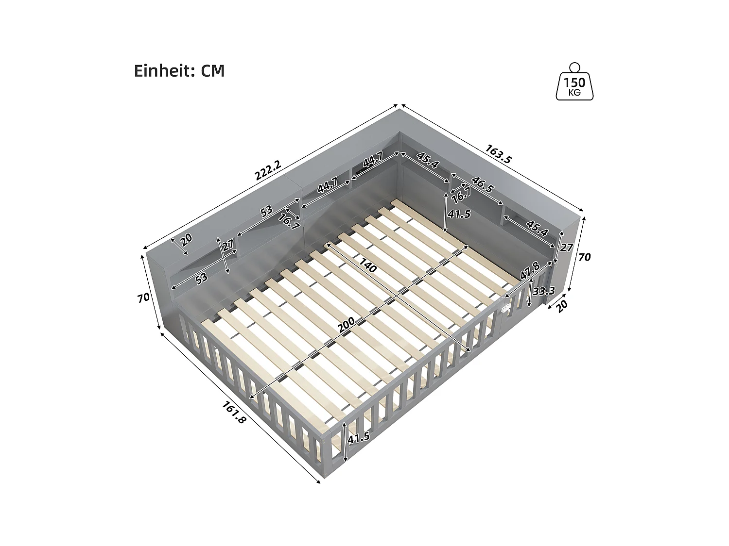 Lit double pour enfant - 140 x 200 cm - chevet avec rangements + prise + USB - avec sommier à lattes - aggloméré - gris