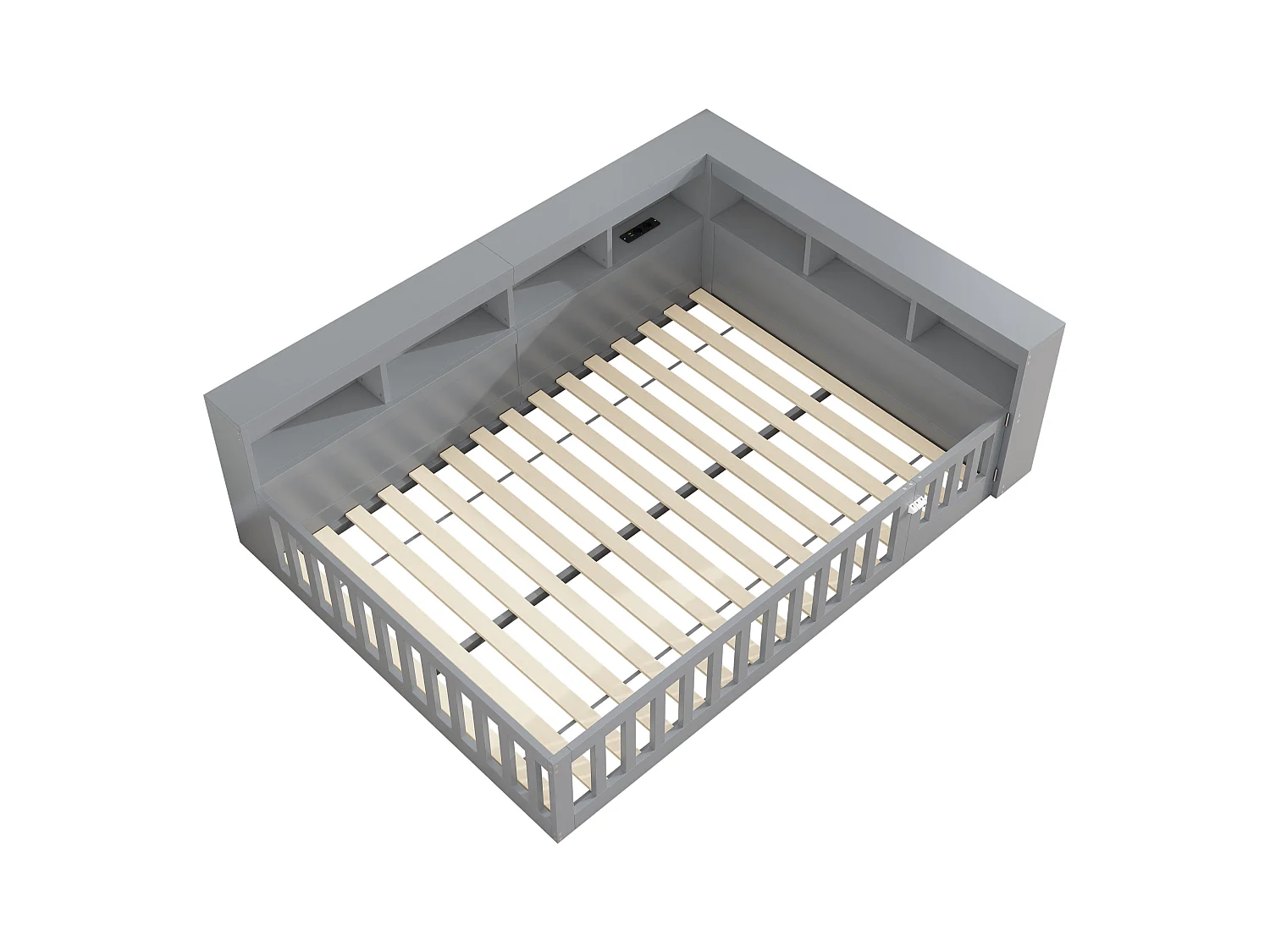 Lit double pour enfant - 140 x 200 cm - chevet avec rangements + prise + USB - avec sommier à lattes - aggloméré - gris