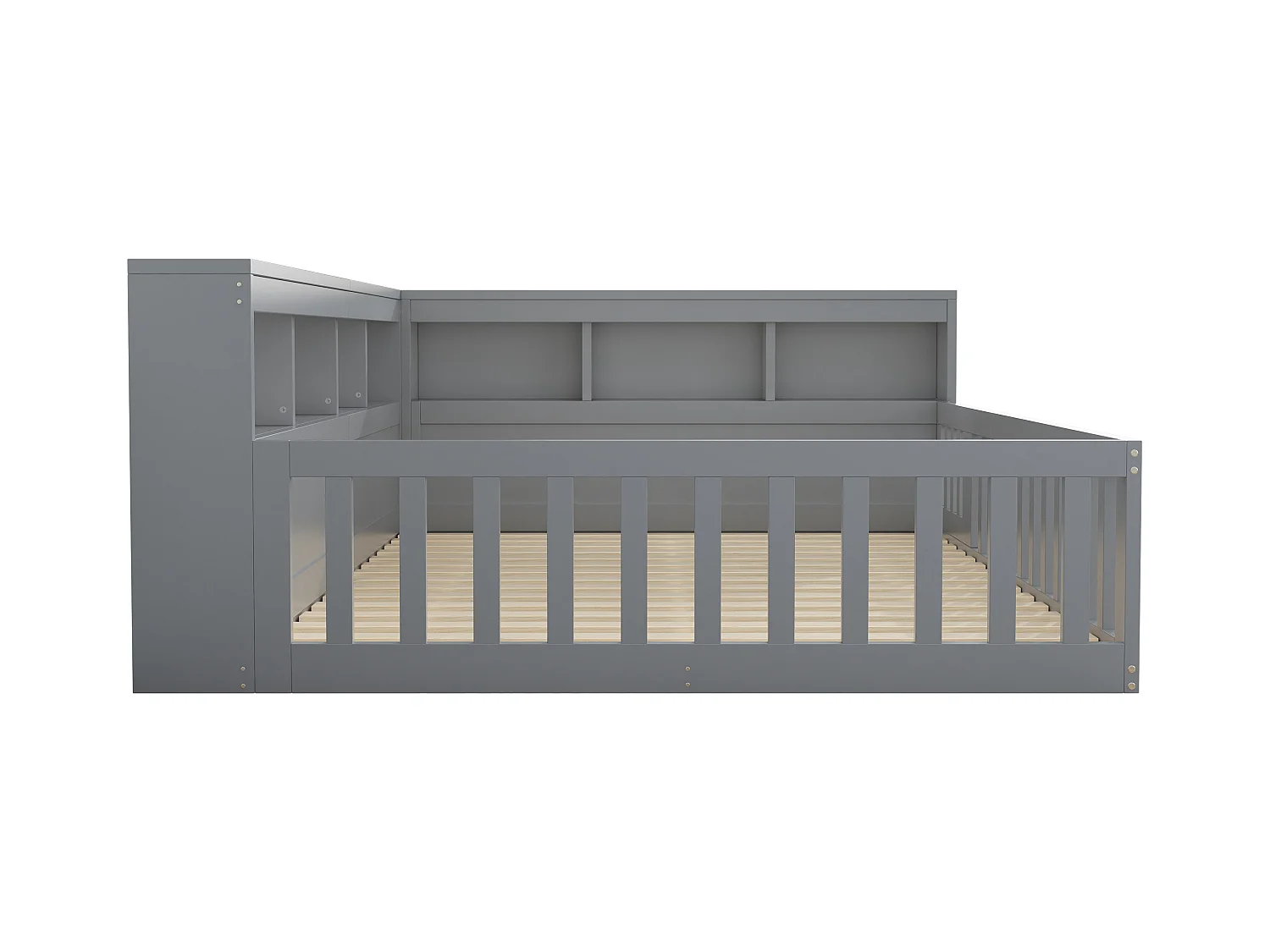 Lit double pour enfant - 140 x 200 cm - chevet avec rangements + prise + USB - avec sommier à lattes - aggloméré - gris