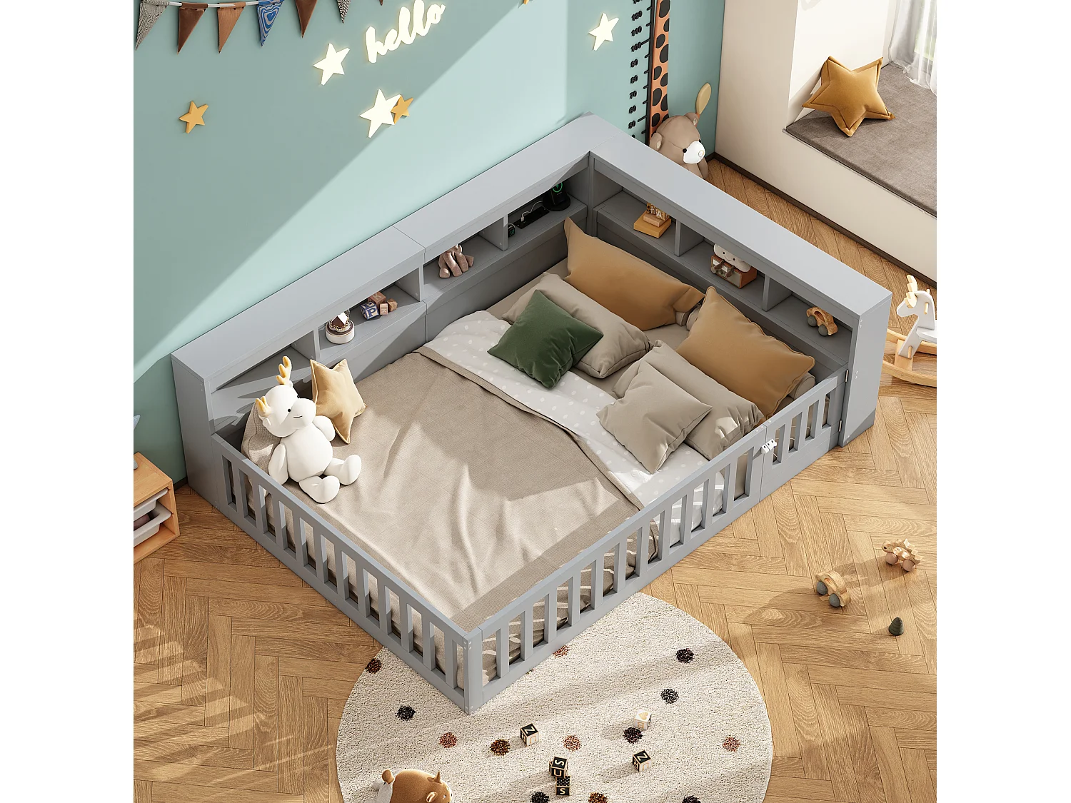 Cama doble infantil - 140 x 200 cm - mesita de noche con espacio de almacenaje + enchufe + USB - con somier - aglomerado - gris