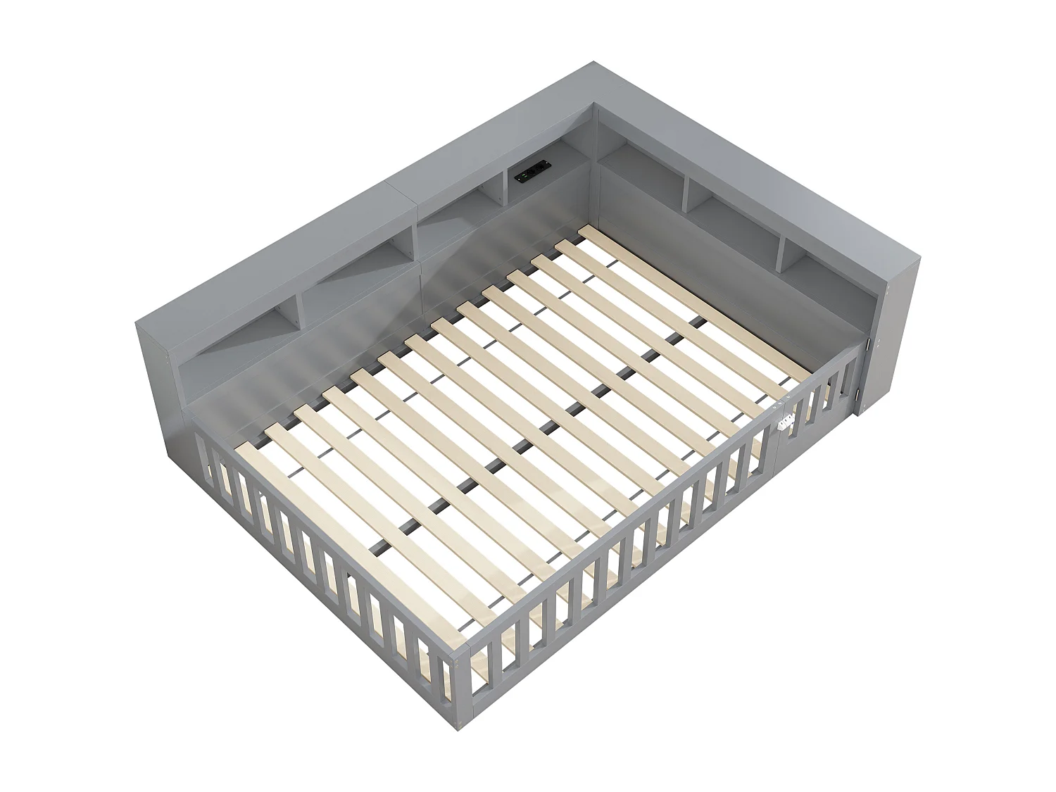 Cama doble infantil - 140 x 200 cm - mesita de noche con espacio de almacenaje + enchufe + USB - con somier - aglomerado - gris