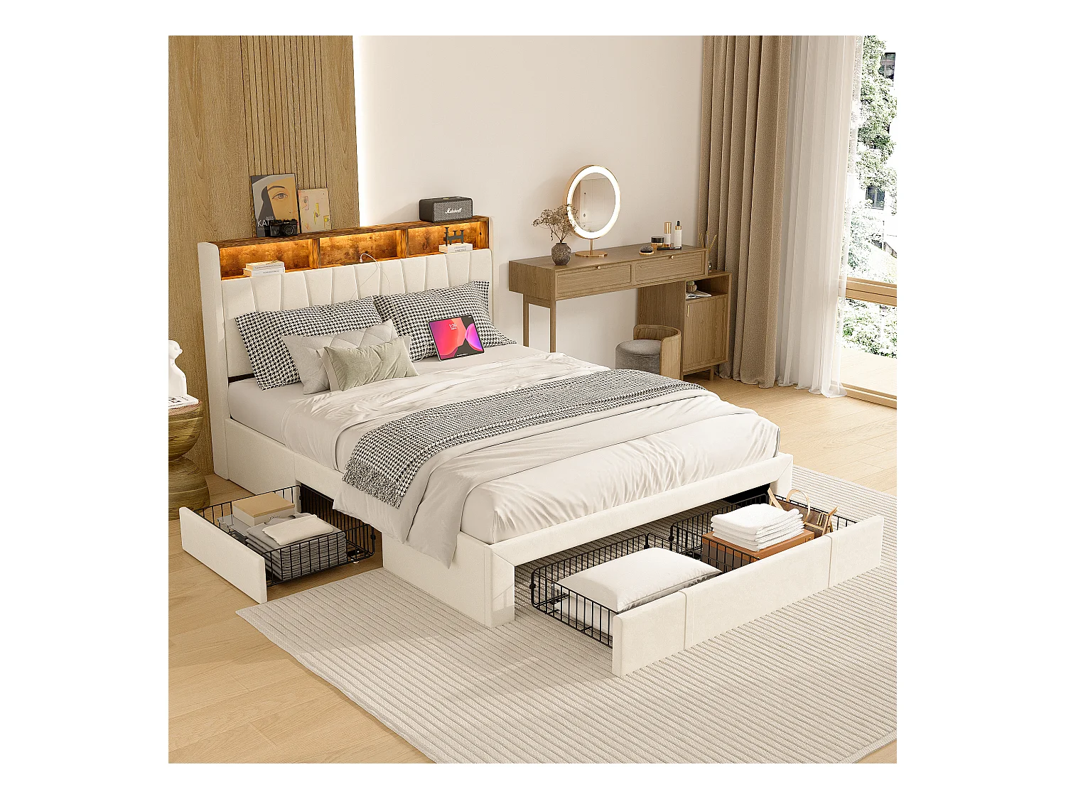 Cama doble 140x200 cm con base LED y USB, 3 cajones, cabecero con almacenaje, terciopelo, beige