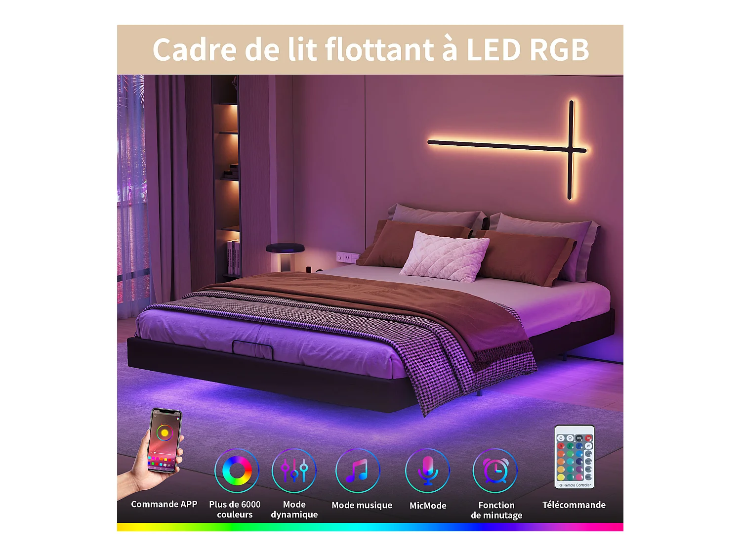Lit 160x200 cm, Lit Flottant avec LED et Espace de Rangement, Cadre de Lit sans Tête de Lit,Noir