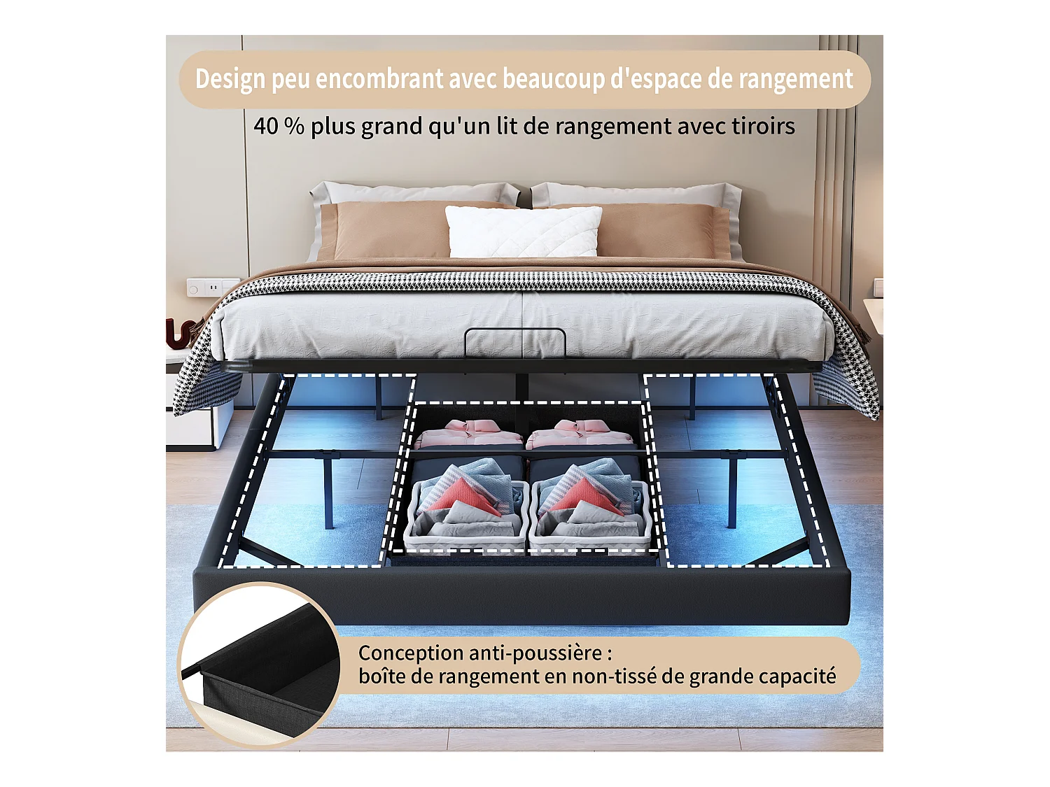 Lit 160x200 cm, Lit Flottant avec LED et Espace de Rangement, Cadre de Lit sans Tête de Lit,Noir