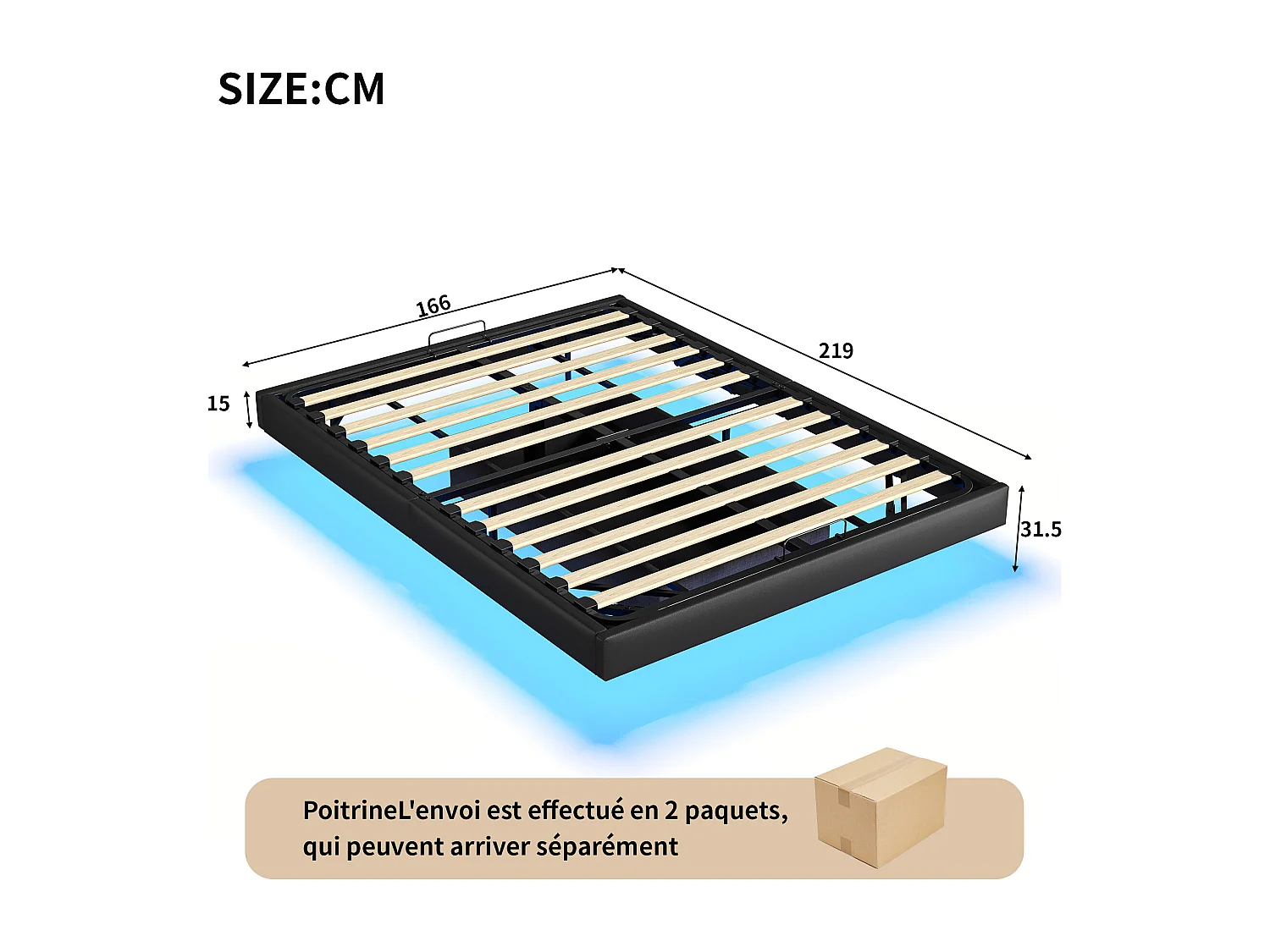 Cama 160x200 cm, Cama flutuante com LED e espaço de armazenamento, Estrutura de cama sem cabeceira, Preto